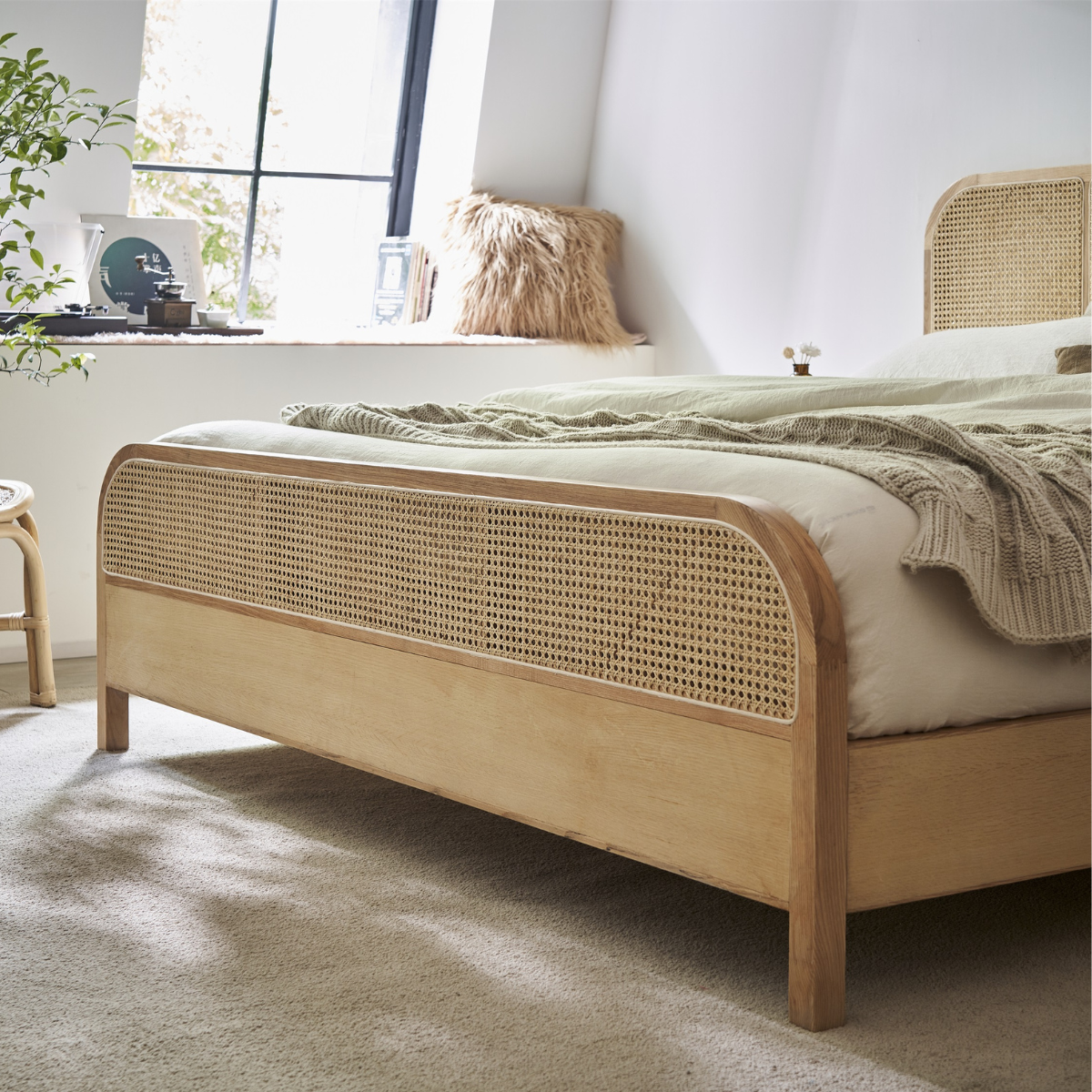 Bohoboho Nessa Solid Wood & Rattan Bed Frame, Natural Wood