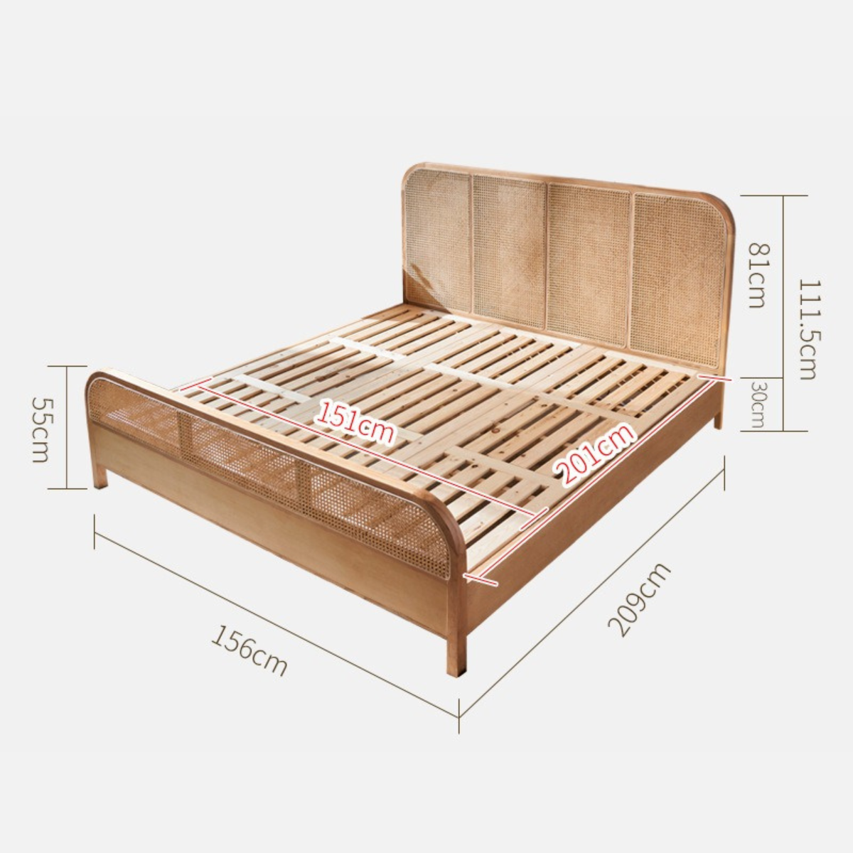 Bohoboho Nessa Solid Wood & Rattan Bed Frame, Natural Wood