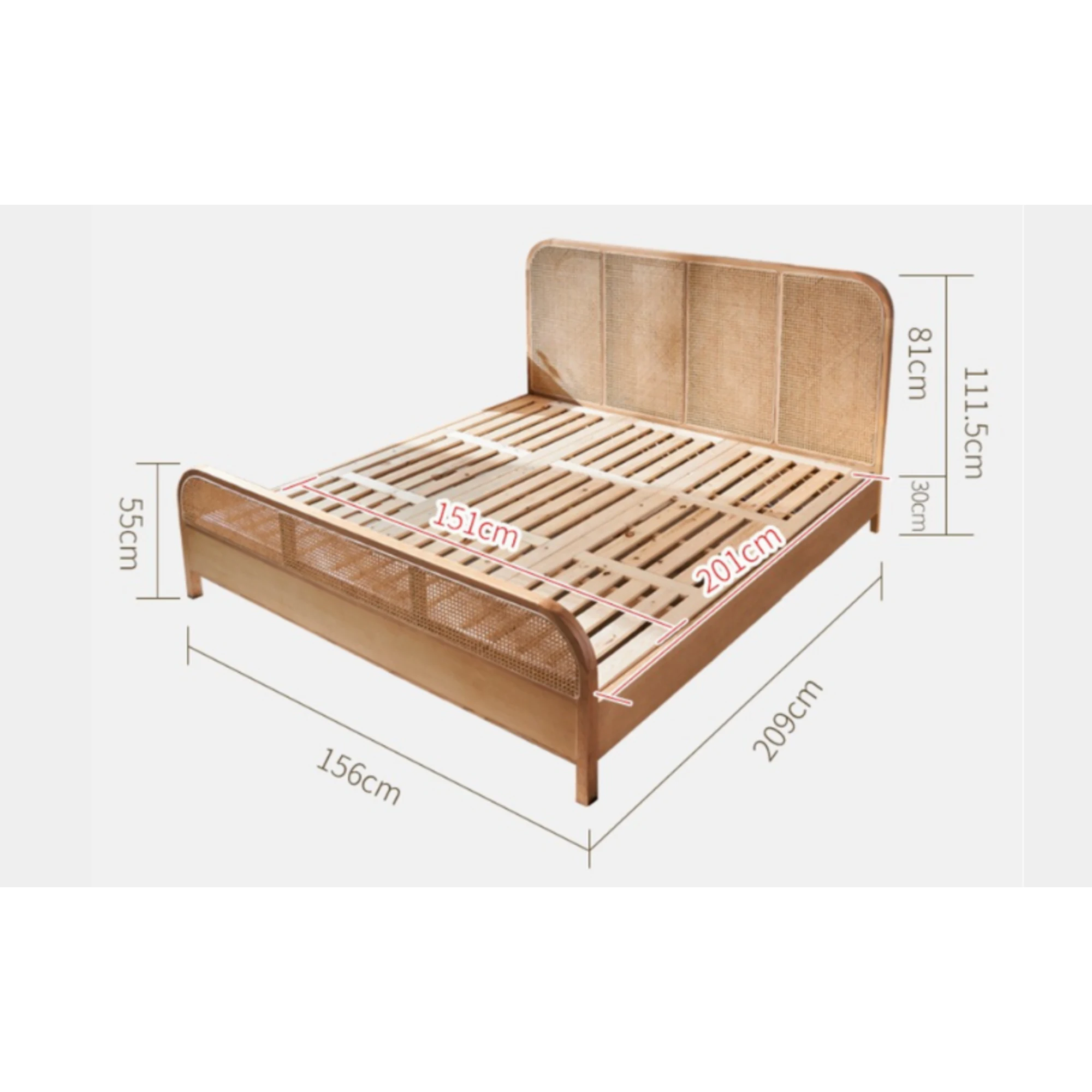 Bohoboho Nessa Solid Wood & Rattan Bed Frame, Natural Wood