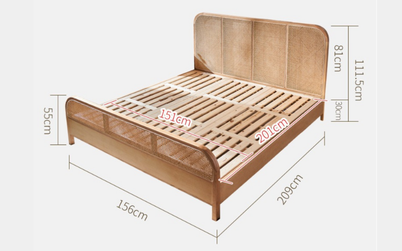 Bohoboho Nessa Solid Wood & Rattan Bed Frame, Natural Wood