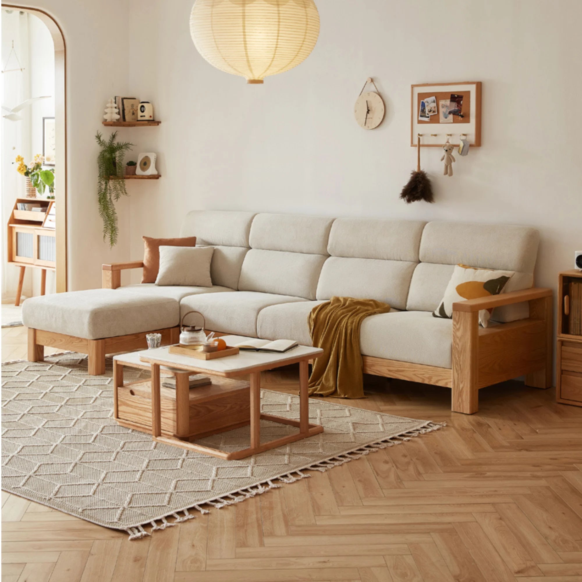 Linspire Mellow Solid Wood 4-Seater Sofa with Ottoman, White
