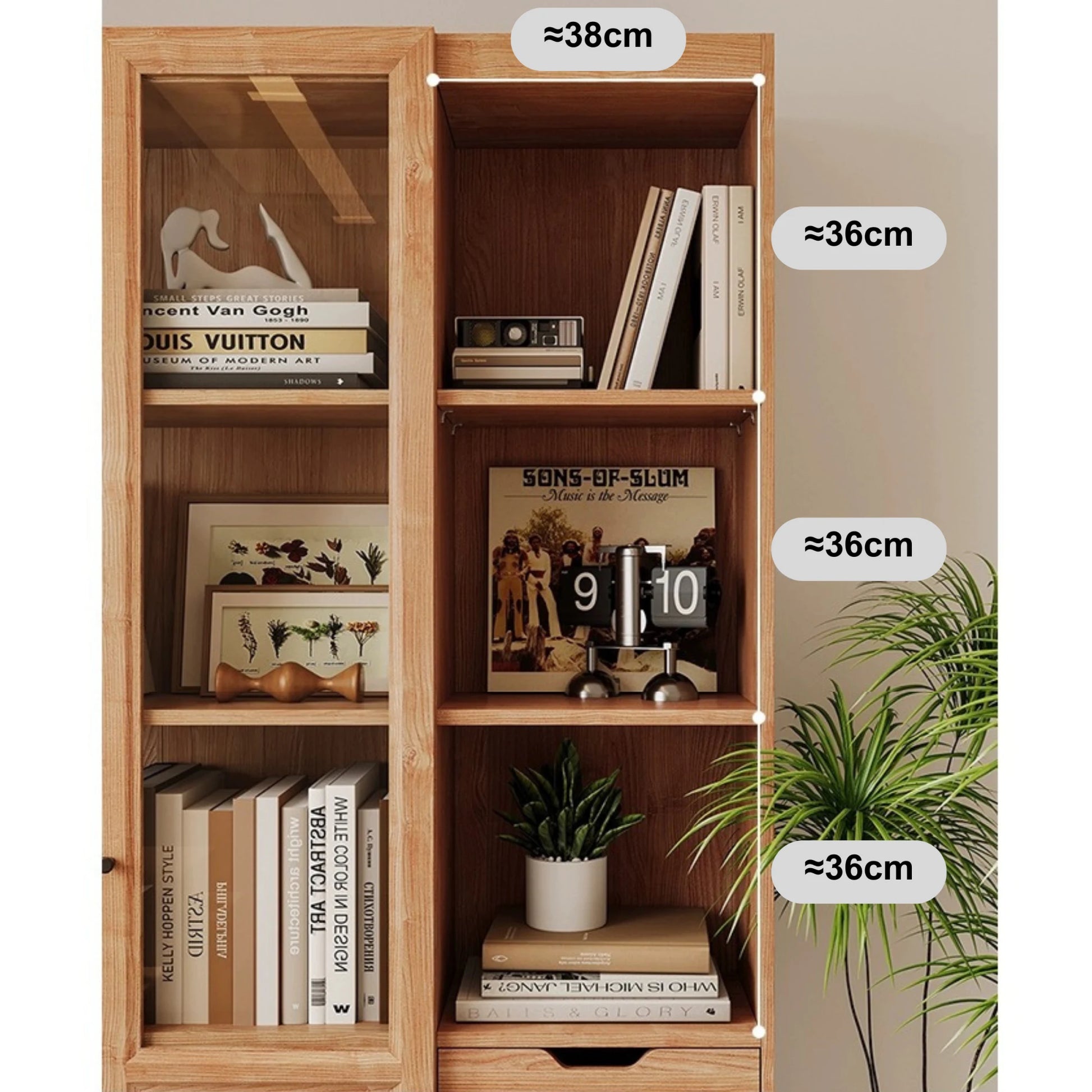 Linspire Prism 2 Plastic/Panel Door Bookcase with 2 Drawers, Natural Wood