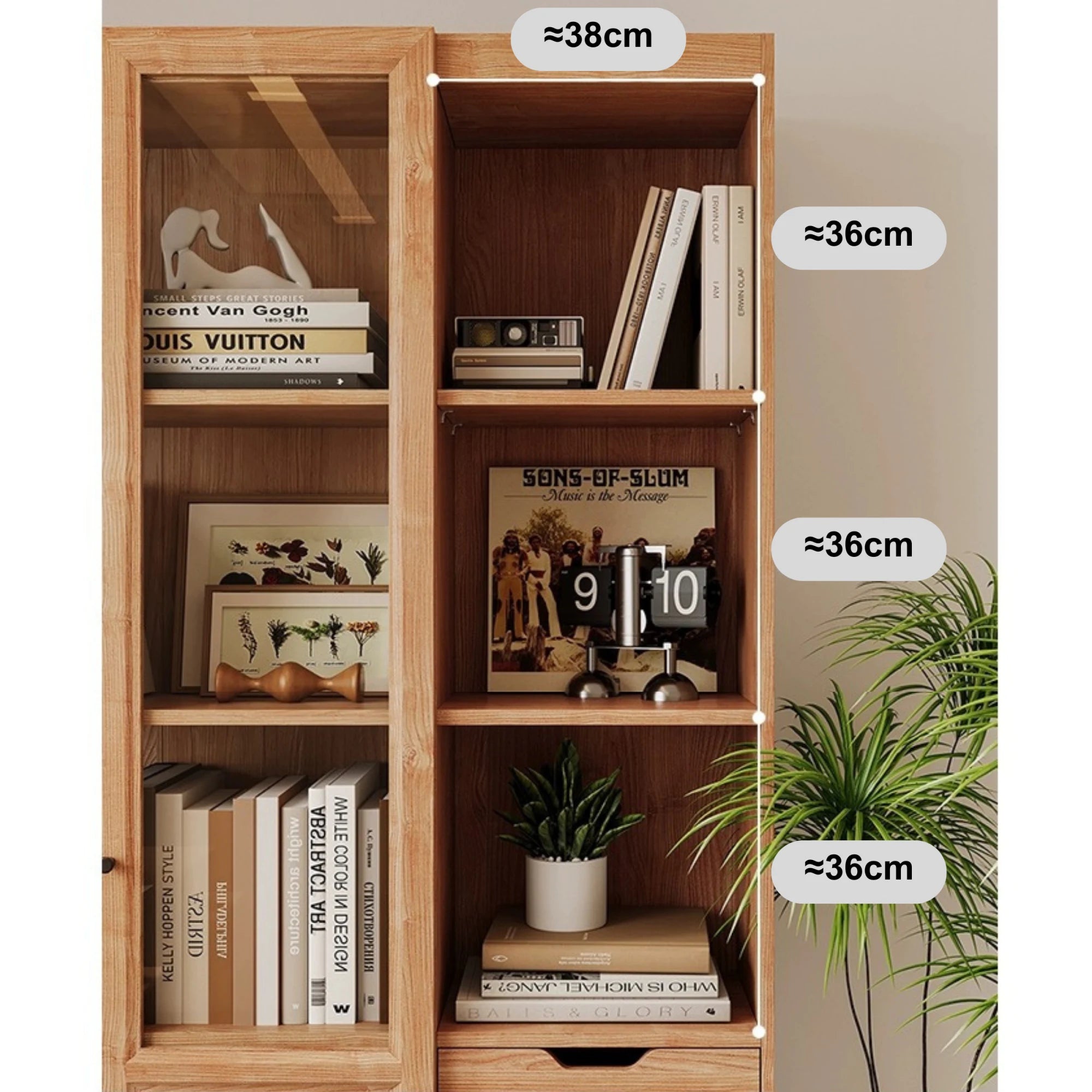 Linspire Prism 2 Plastic/Panel Door Bookcase with 2 Drawers, Natural Wood