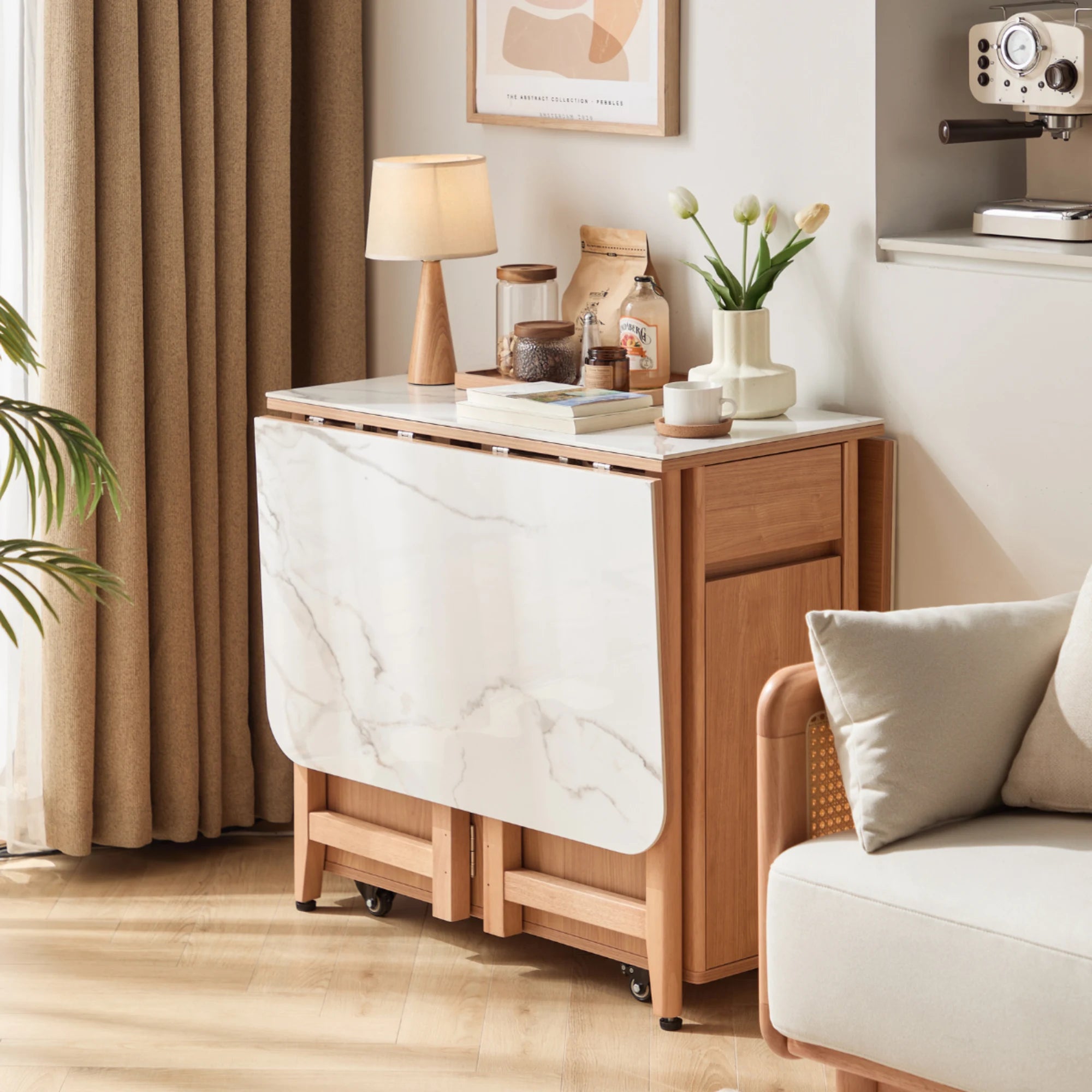 Linspire Yumi Sintered Stone Table Top Foldable Dining Table with Castors, Natural Wood & Faux White Marble