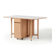 Linspire Yumi Sintered Stone Table Top Foldable Dining Table with Castors, Natural Wood & Faux White Marble