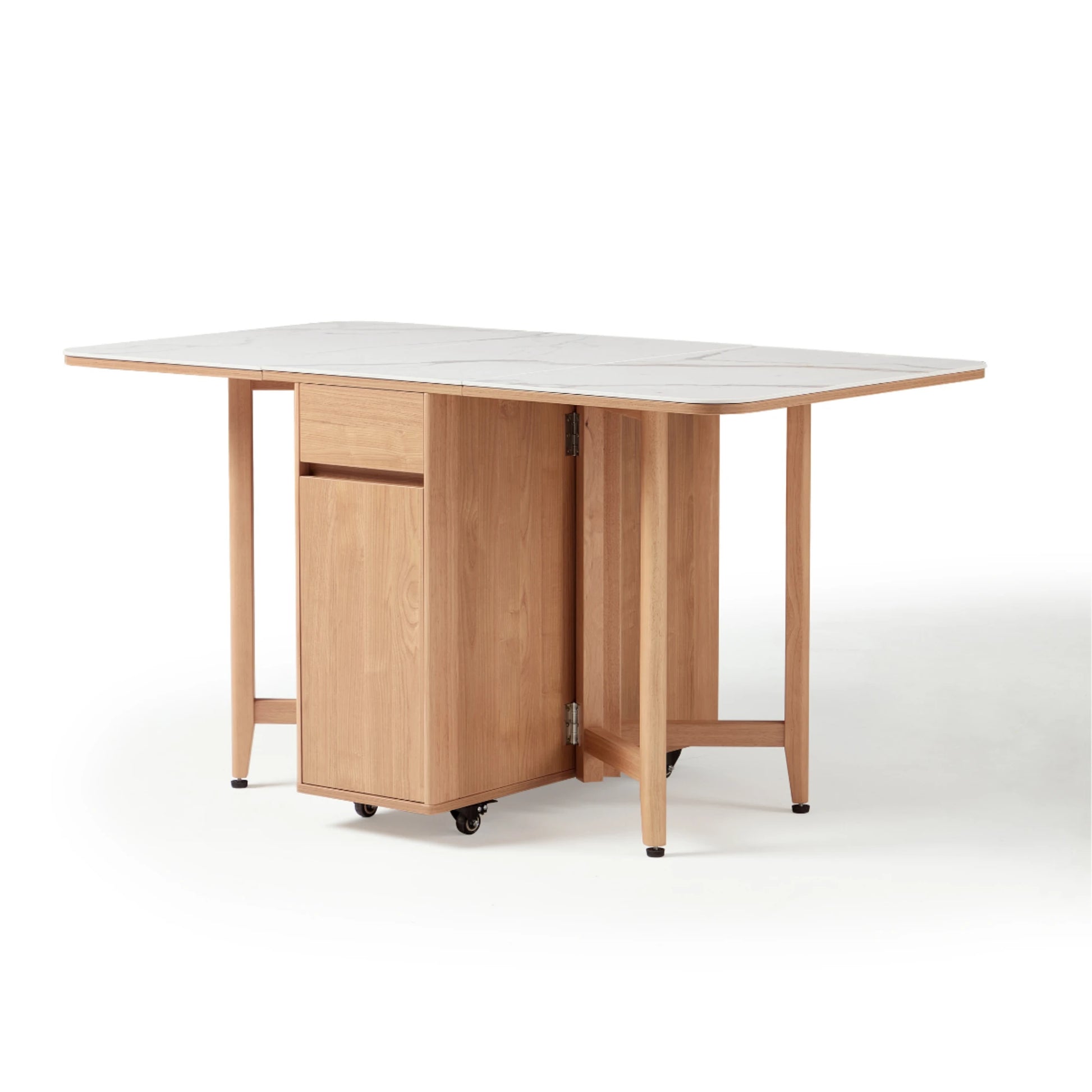 Linspire Yumi Sintered Stone Table Top Foldable Dining Table with Castors, Natural Wood & Faux White Marble