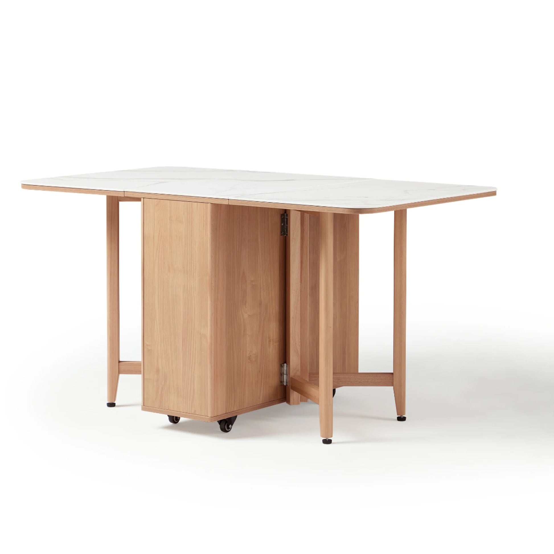 Linspire Yumi Sintered Stone Table Top Foldable Dining Table with Castors, Natural Wood & Faux White Marble