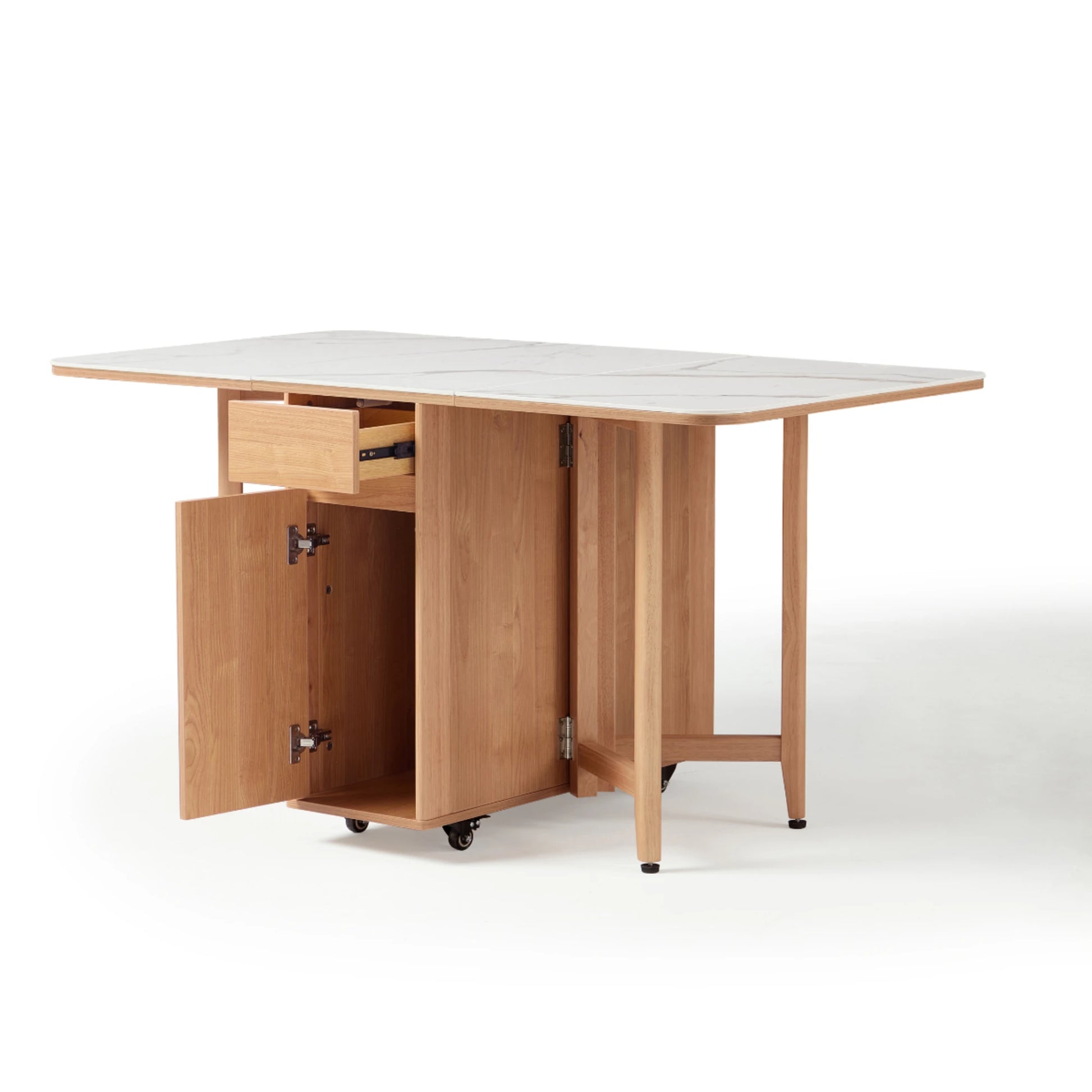 Linspire Yumi Sintered Stone Table Top Foldable Dining Table with Castors, Natural Wood & Faux White Marble