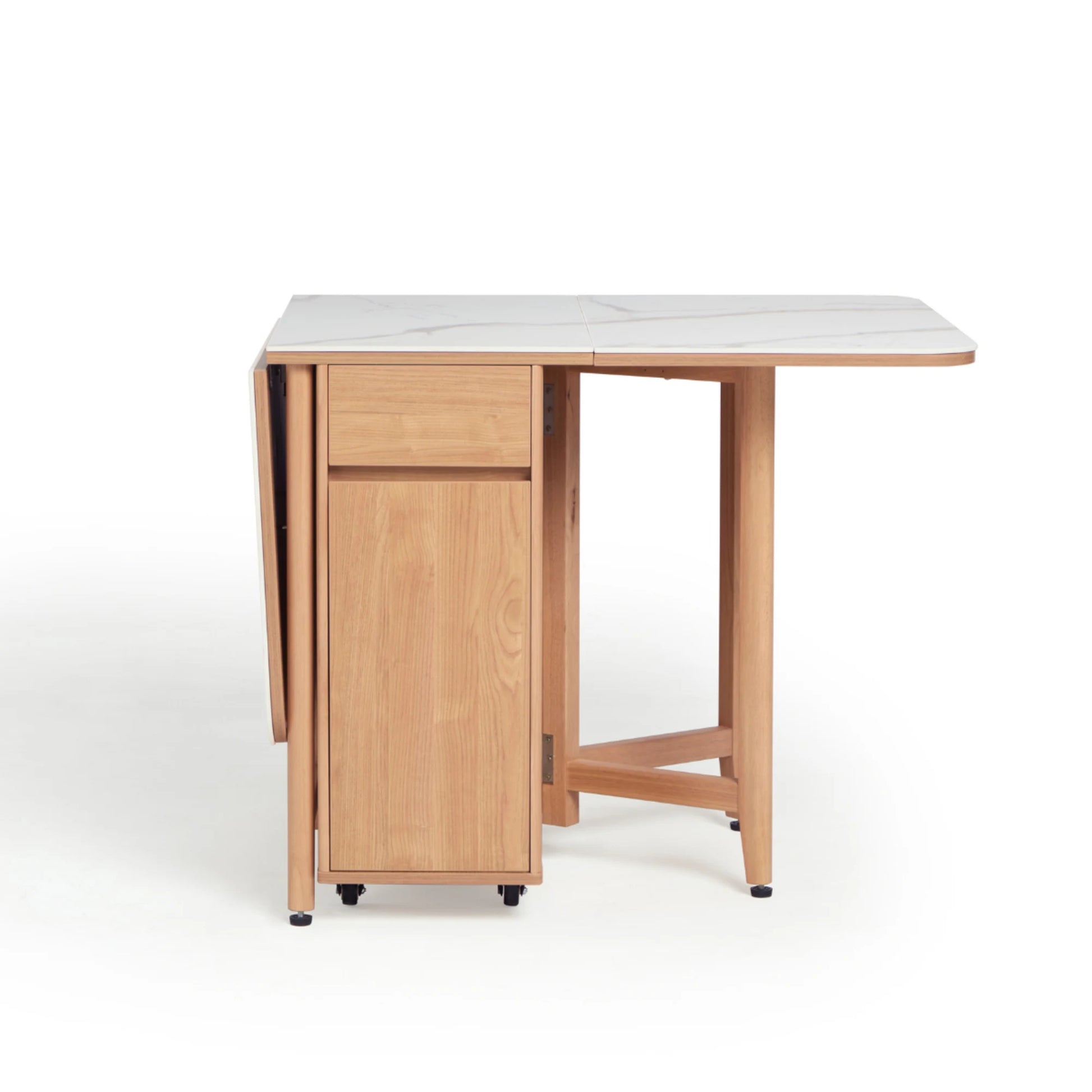 Linspire Yumi Sintered Stone Table Top Foldable Dining Table with Castors, Natural Wood & Faux White Marble