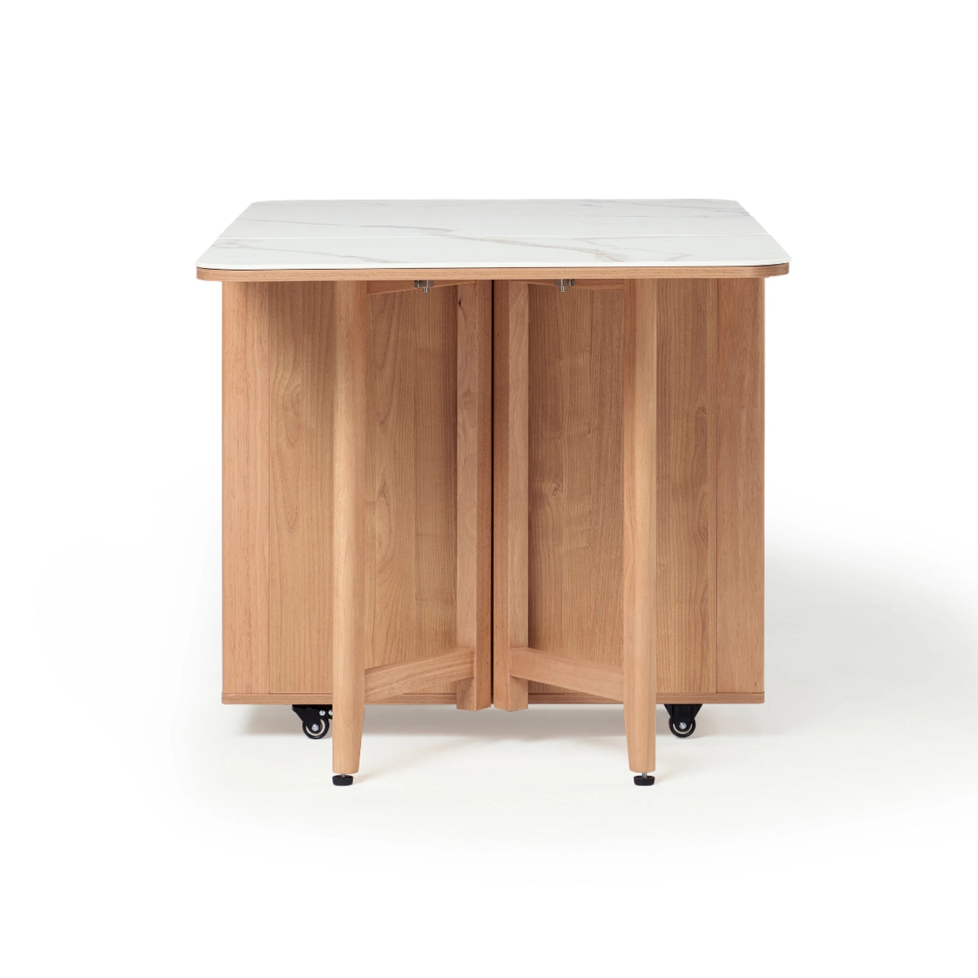 Linspire Yumi Sintered Stone Table Top Foldable Dining Table with Castors, Natural Wood & Faux White Marble