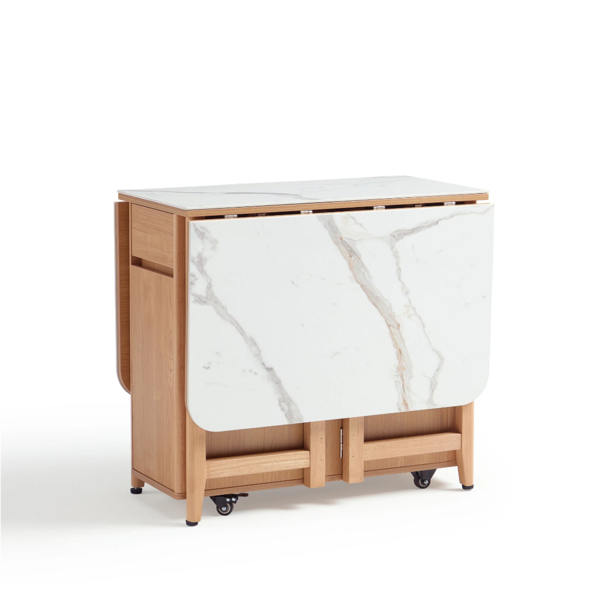 Linspire Yumi Sintered Stone Table Top Foldable Dining Table with Castors, Natural Wood & Faux White Marble