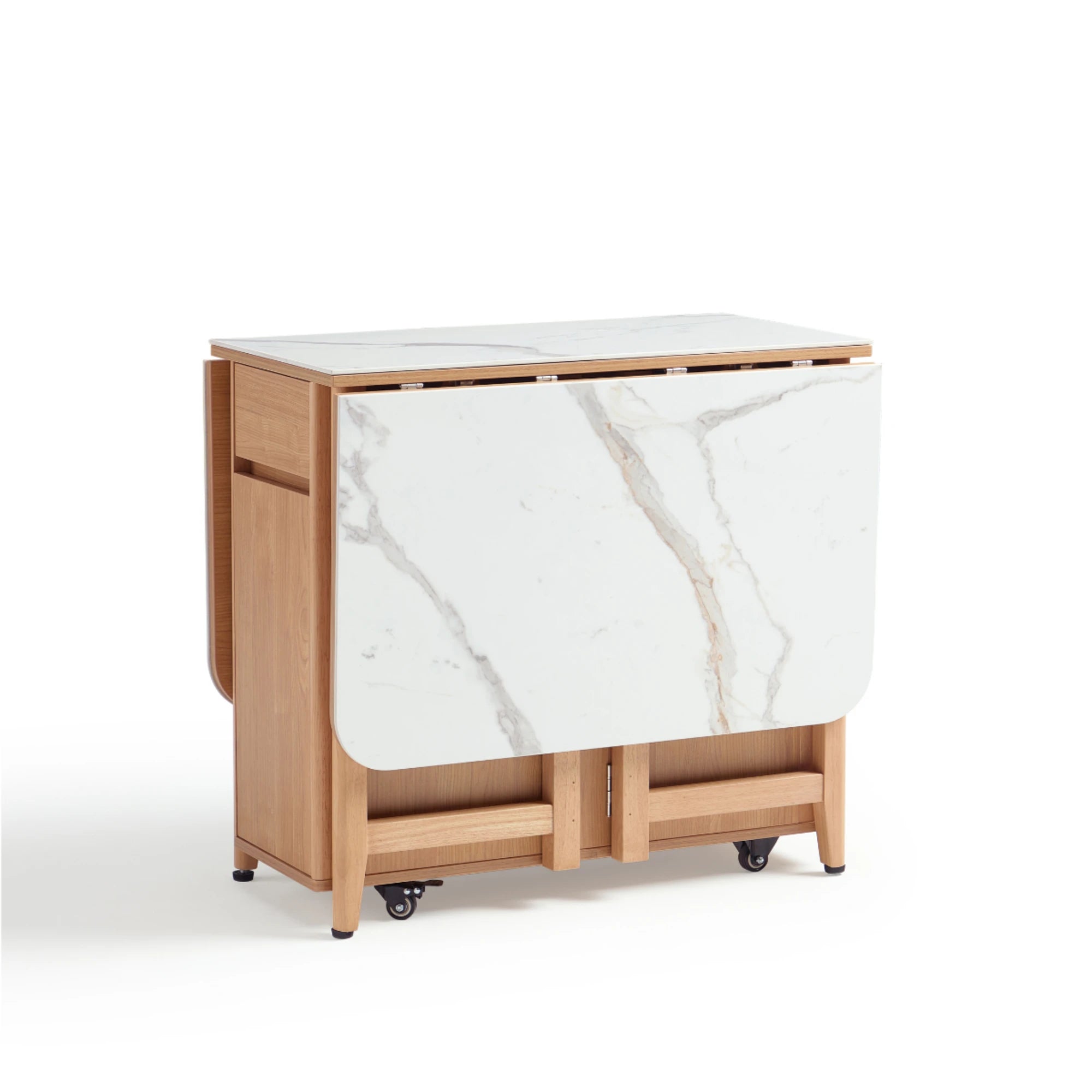 Linspire Yumi Sintered Stone Table Top Foldable Dining Table with Castors, Natural Wood & Faux White Marble