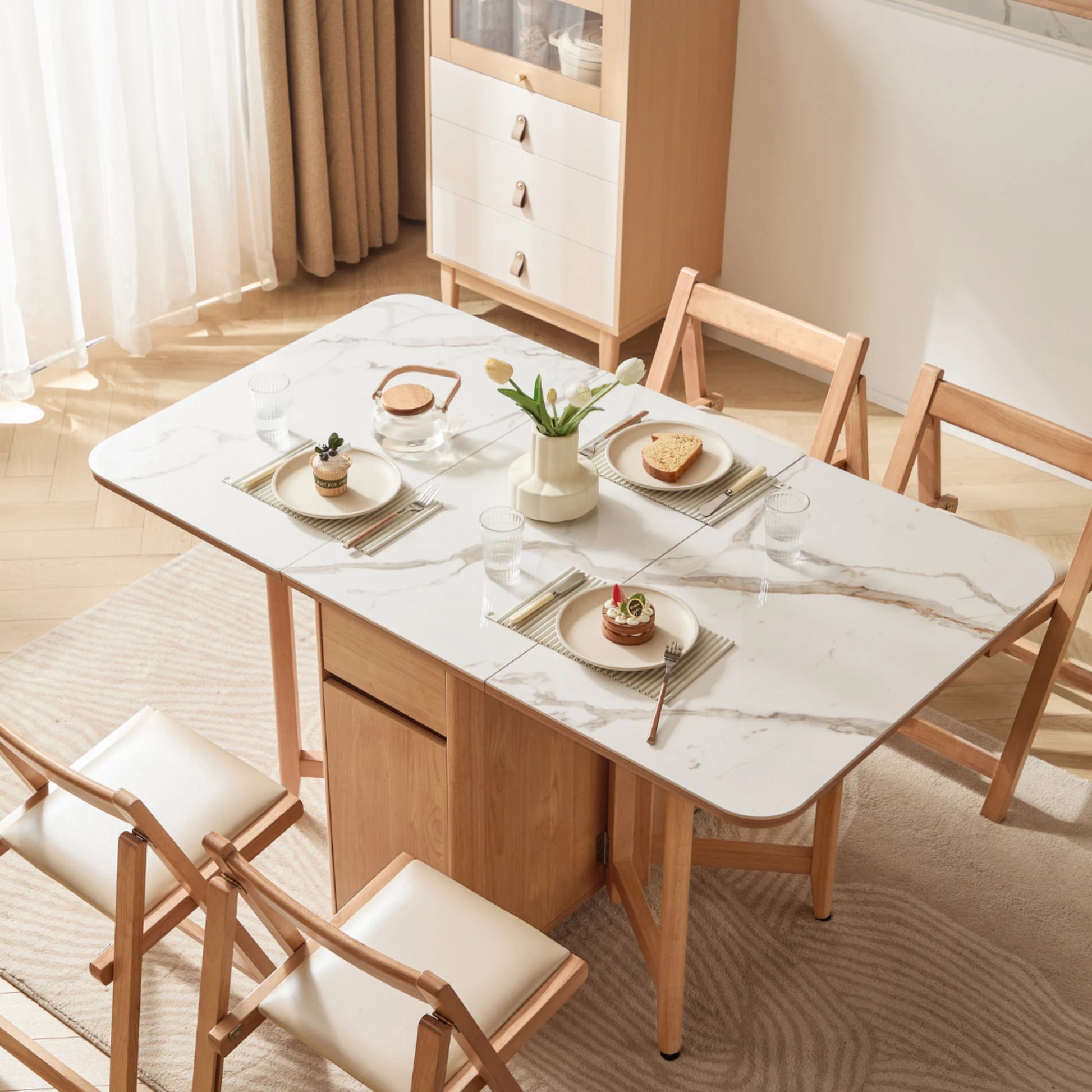 Linspire Yumi Sintered Stone Table Top Foldable Dining Table with Castors, Natural Wood & Faux White Marble