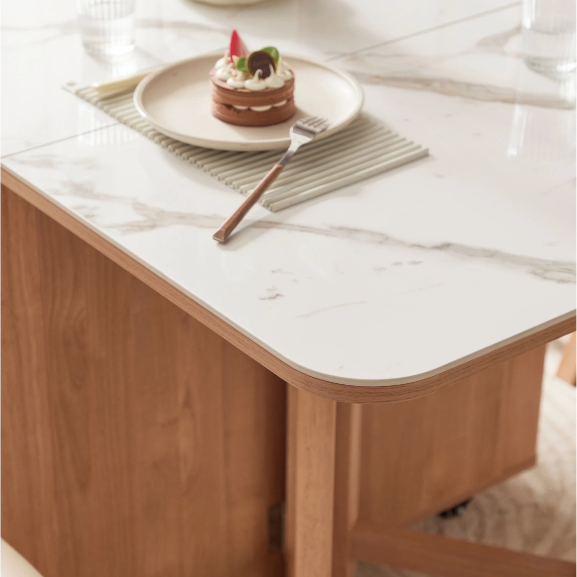 Linspire Yumi Sintered Stone Table Top Foldable Dining Table with Castors, Natural Wood & Faux White Marble
