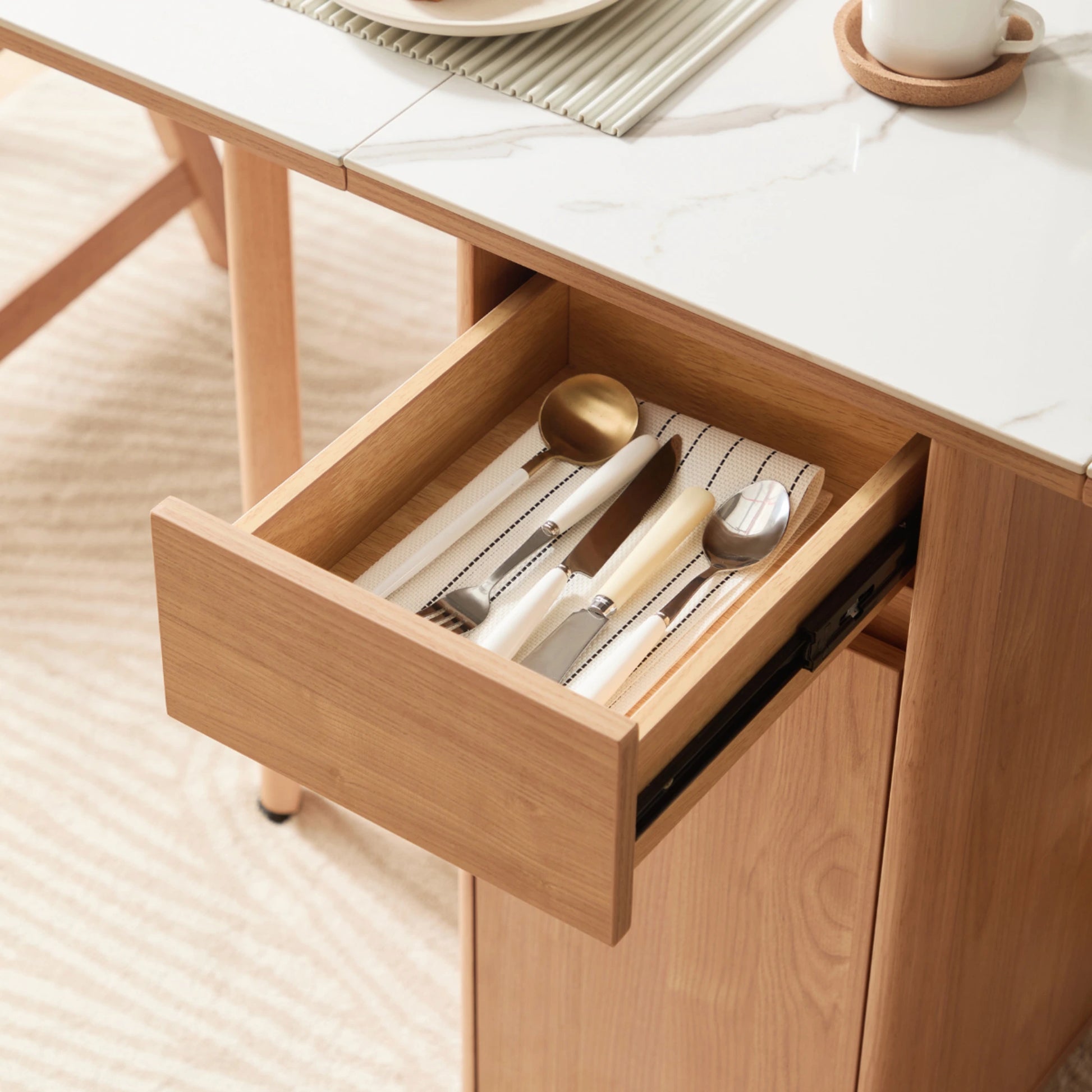 Linspire Yumi Sintered Stone Table Top Foldable Dining Table with Castors, Natural Wood & Faux White Marble