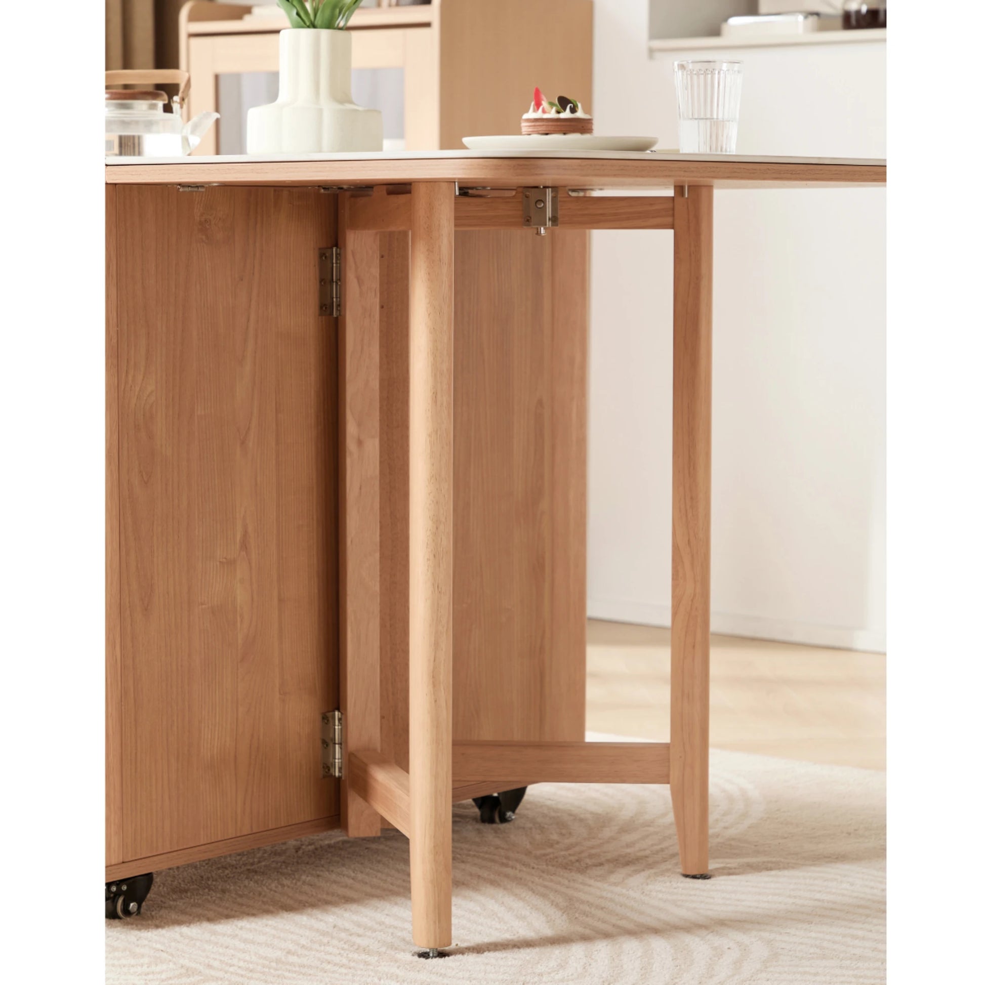 Linspire Yumi Sintered Stone Table Top Foldable Dining Table with Castors, Natural Wood & Faux White Marble
