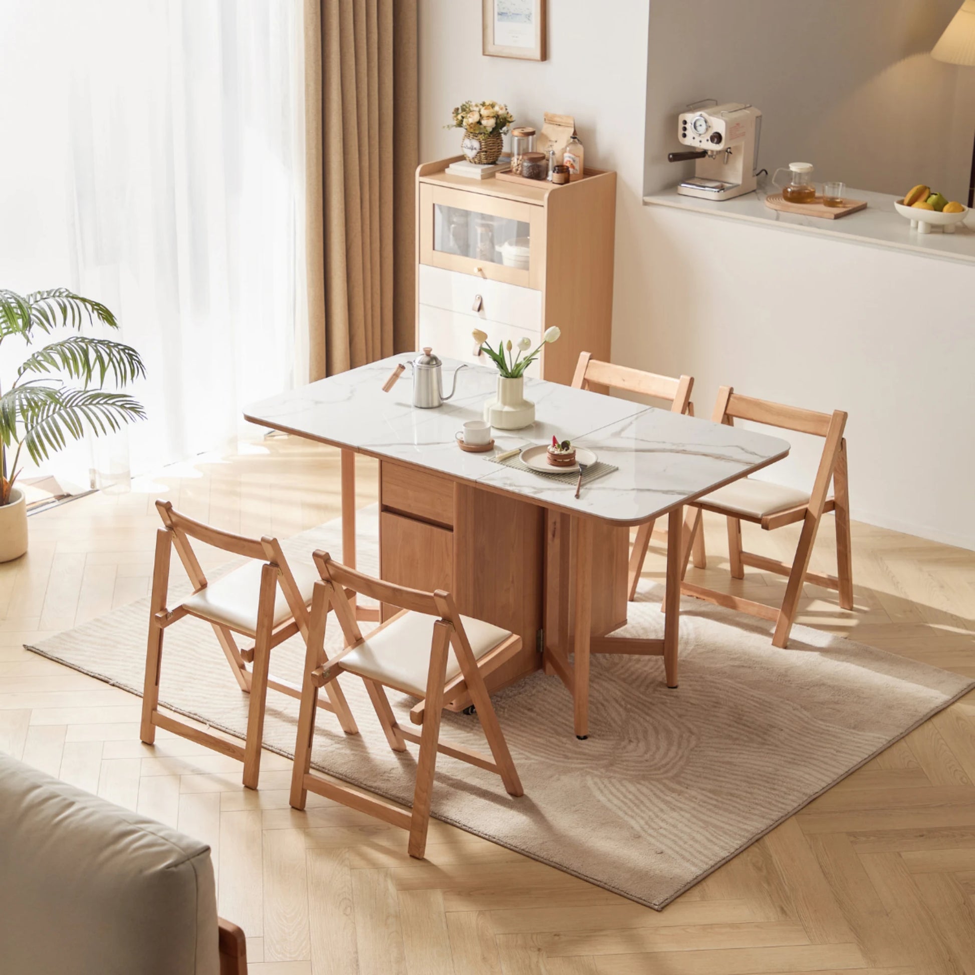 Linspire Yumi Sintered Stone Table Top Foldable Dining Table with Castors, Natural Wood & Faux White Marble