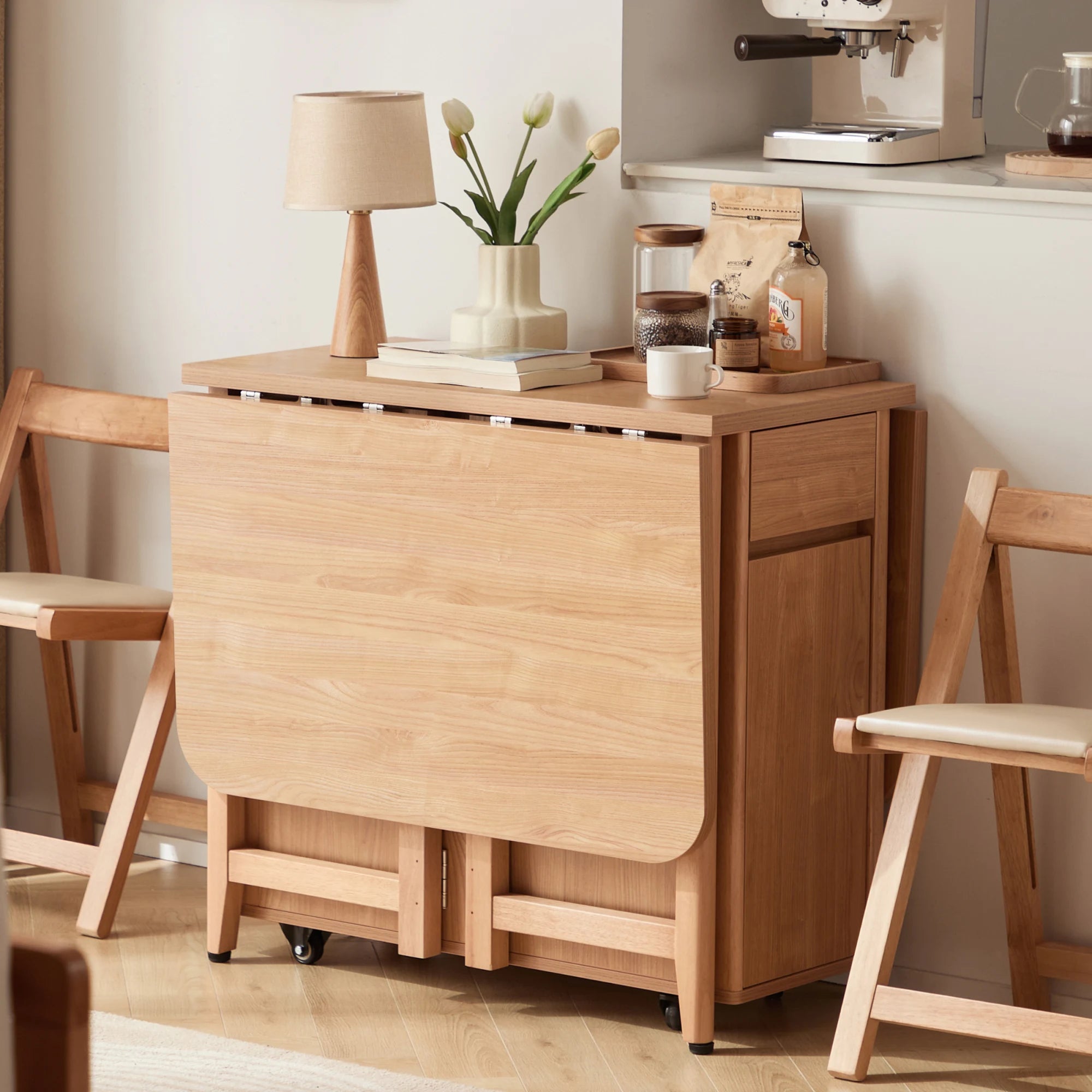 Linspire Yumi Foldable Dining Table with Castors, Natural Wood