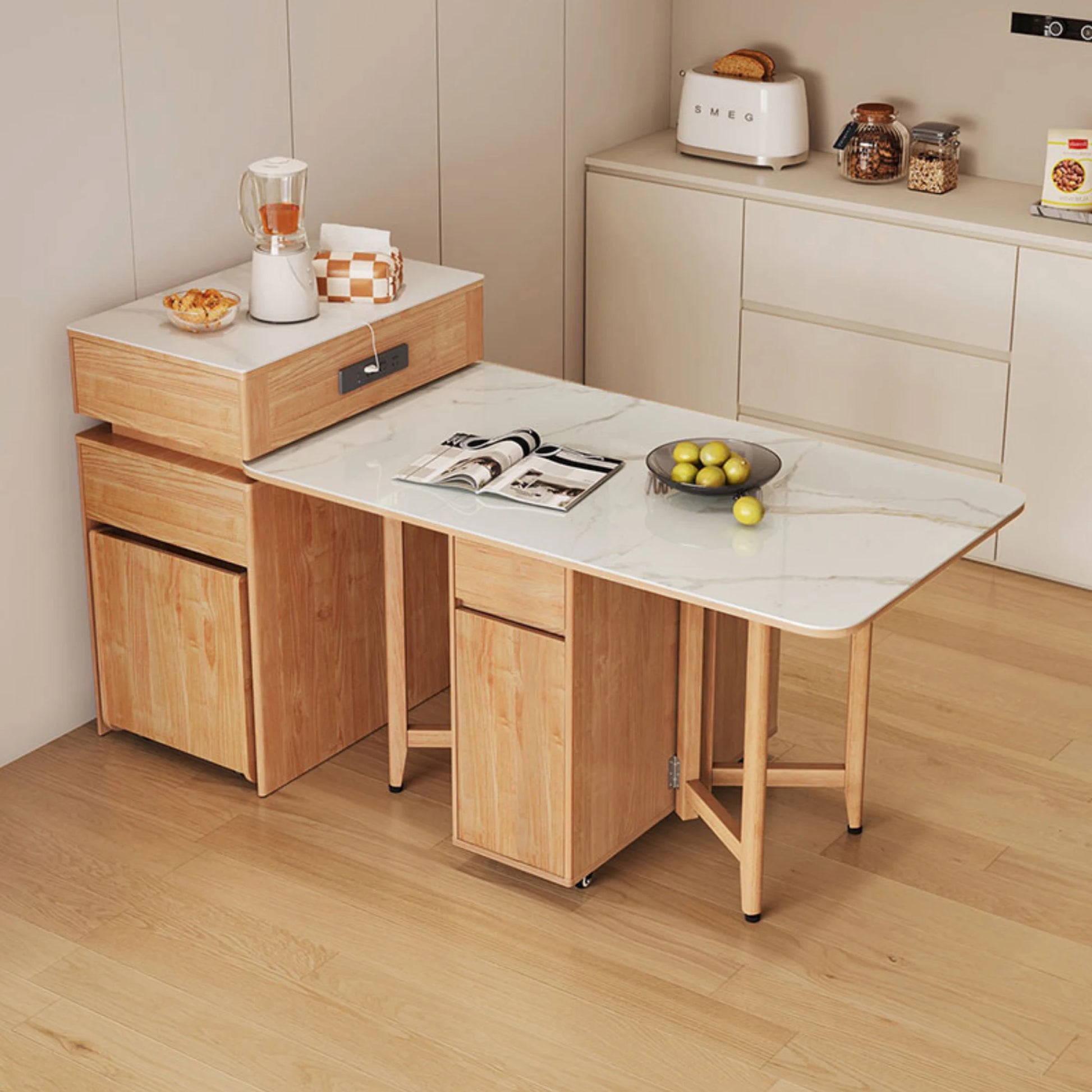 Linspire Yumi Sintered Stone Table Top Foldable Dining Table & Kitchen islands Set, Natural Wood