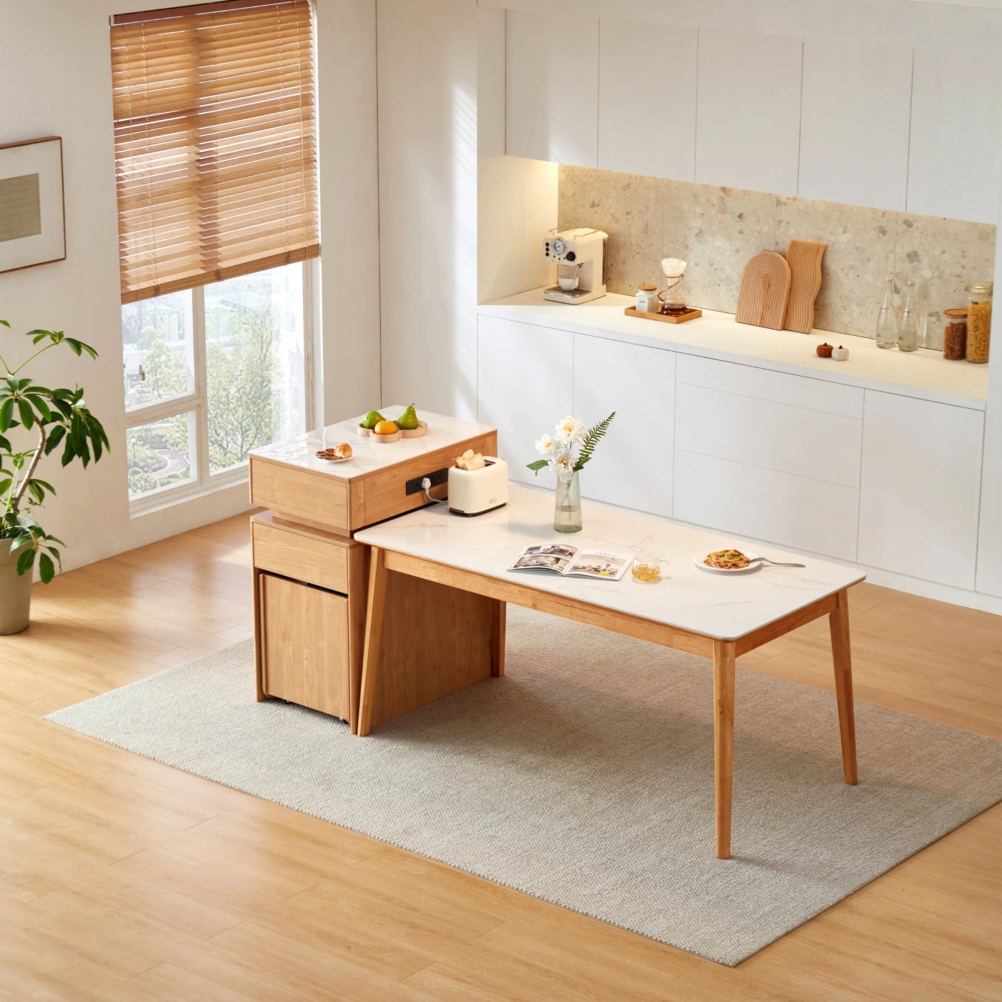 Linspire Yumi Sintered Stone Table Top Foldable Dining Table & Kitchen islands Set, Natural Wood