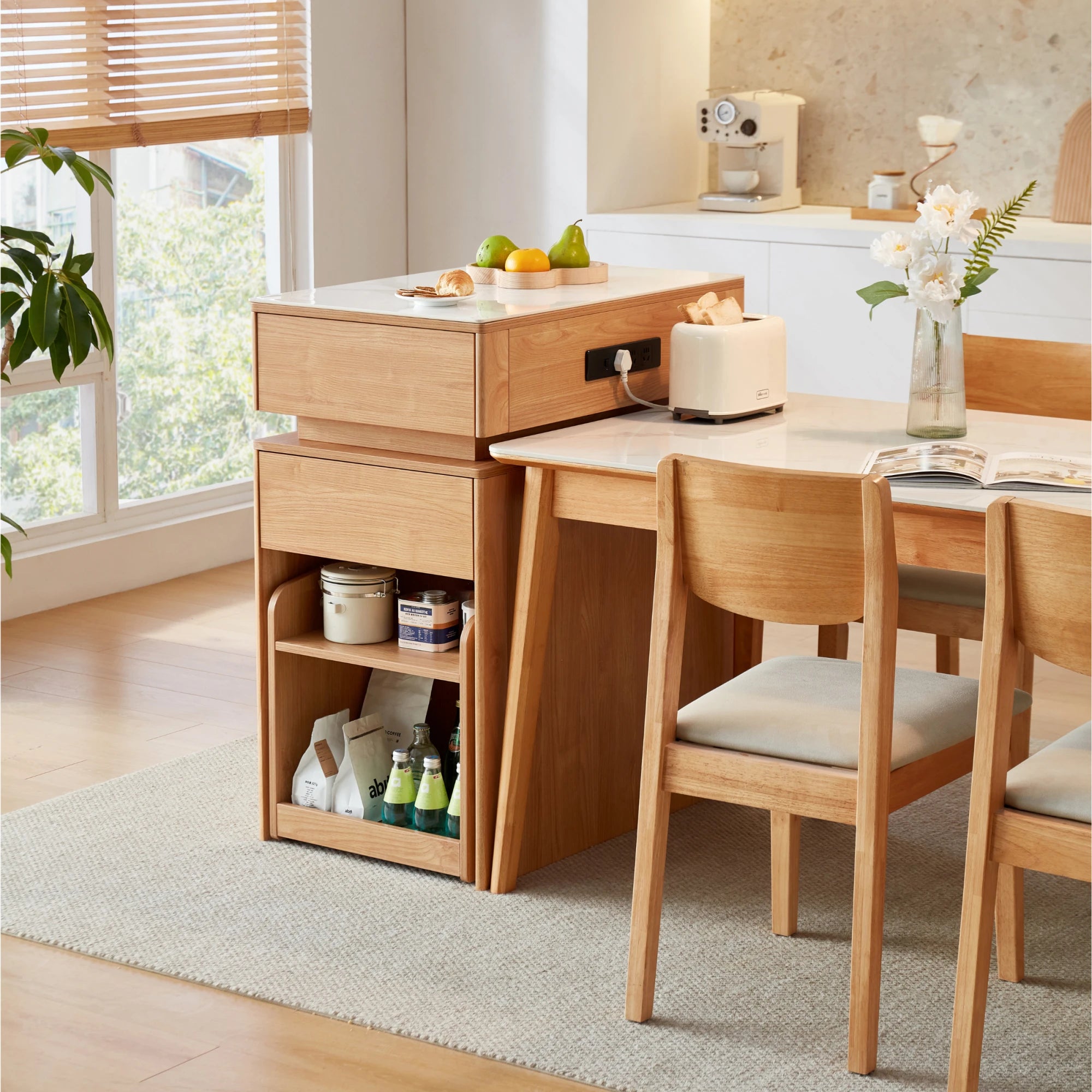 Linspire Yumi Sintered Stone Table Top Foldable Dining Table & Kitchen islands Set, Natural Wood
