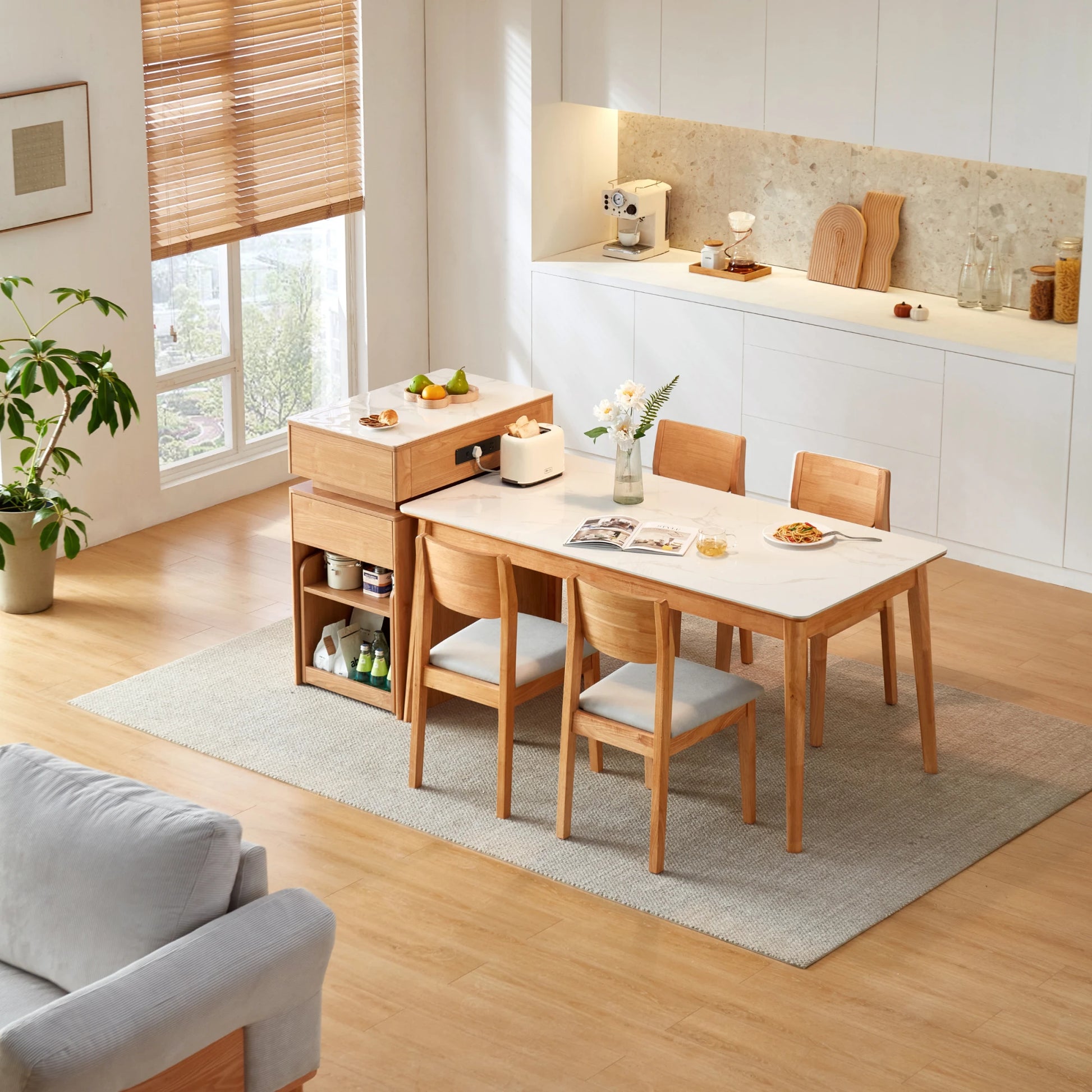 Linspire Yumi Sintered Stone Table Top Foldable Dining Table & Kitchen islands Set, Natural Wood