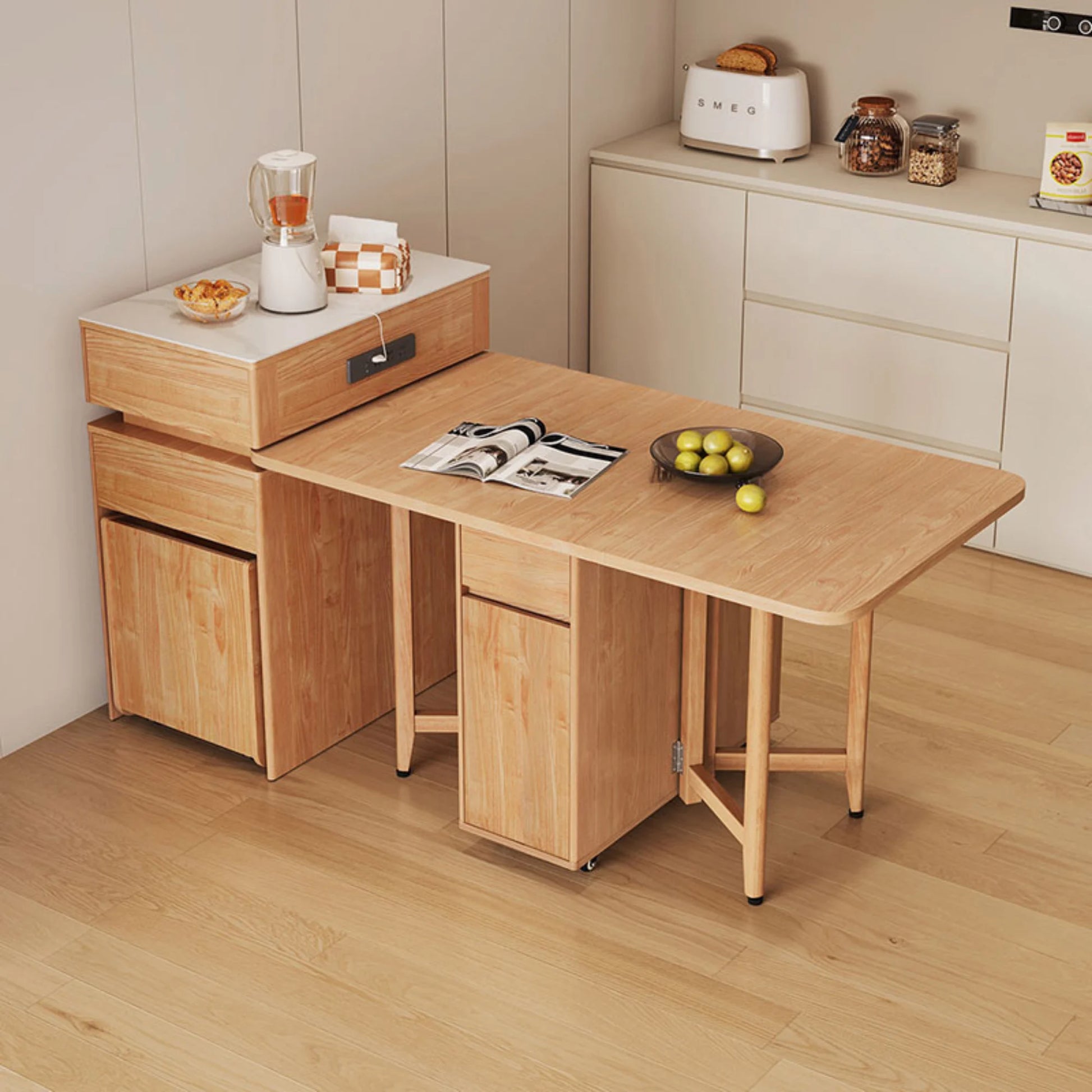 Linspire Yumi Foldable Dining Table & Kitchen islands Set, Natural Wood