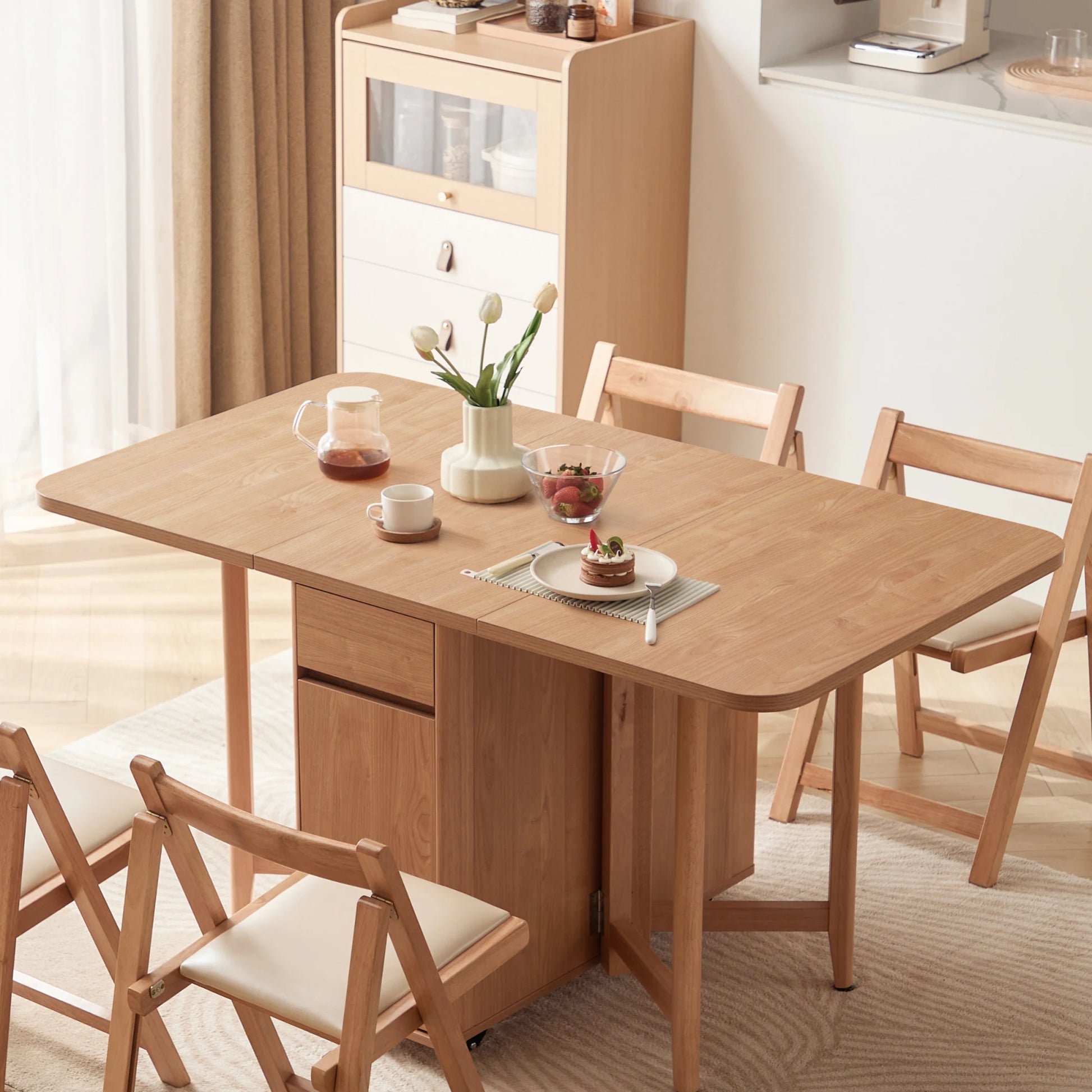 Linspire Yumi Foldable Dining Table & Kitchen islands Set, Natural Wood