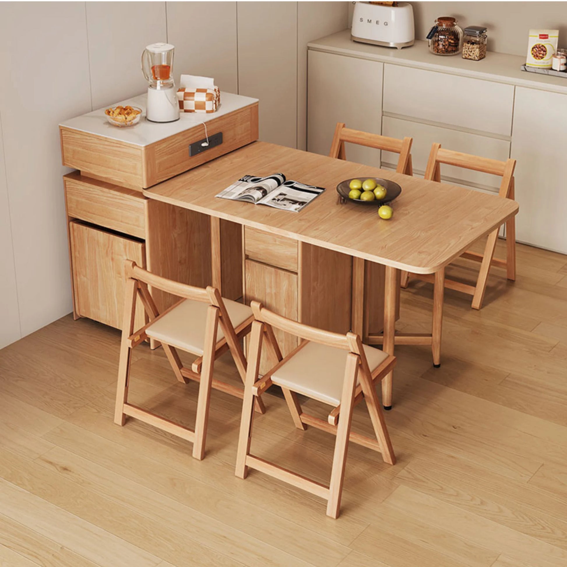 Linspire Yumi Foldable Dining Table & Kitchen islands Set, Natural Wood