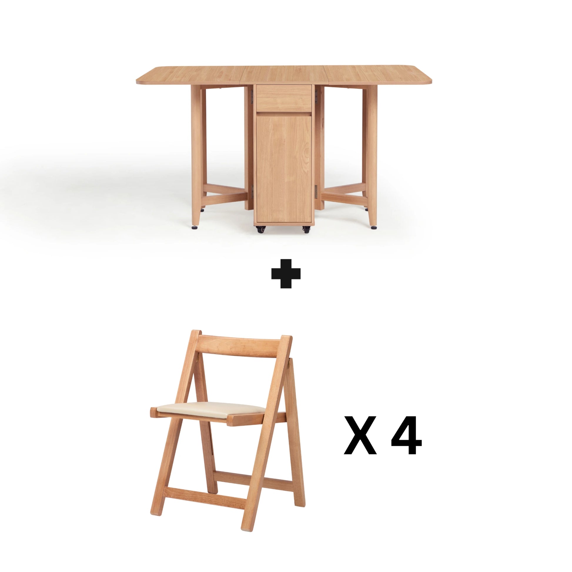 Linspire Yumi Foldable Dining Table & 4 Dining Chairs Set, Natural Wood