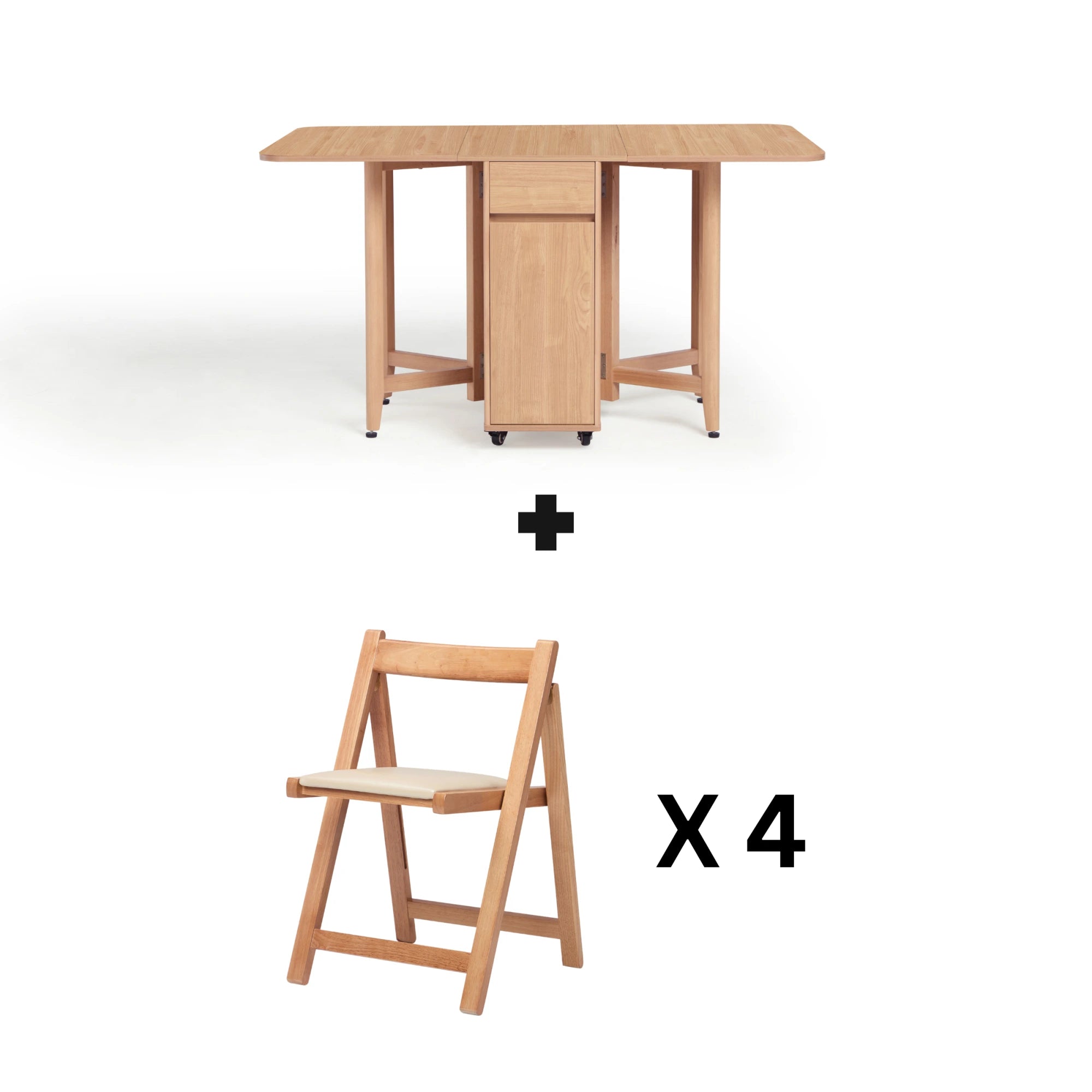 Linspire Yumi Foldable Dining Table & 4 Dining Chairs Set, Natural Wood