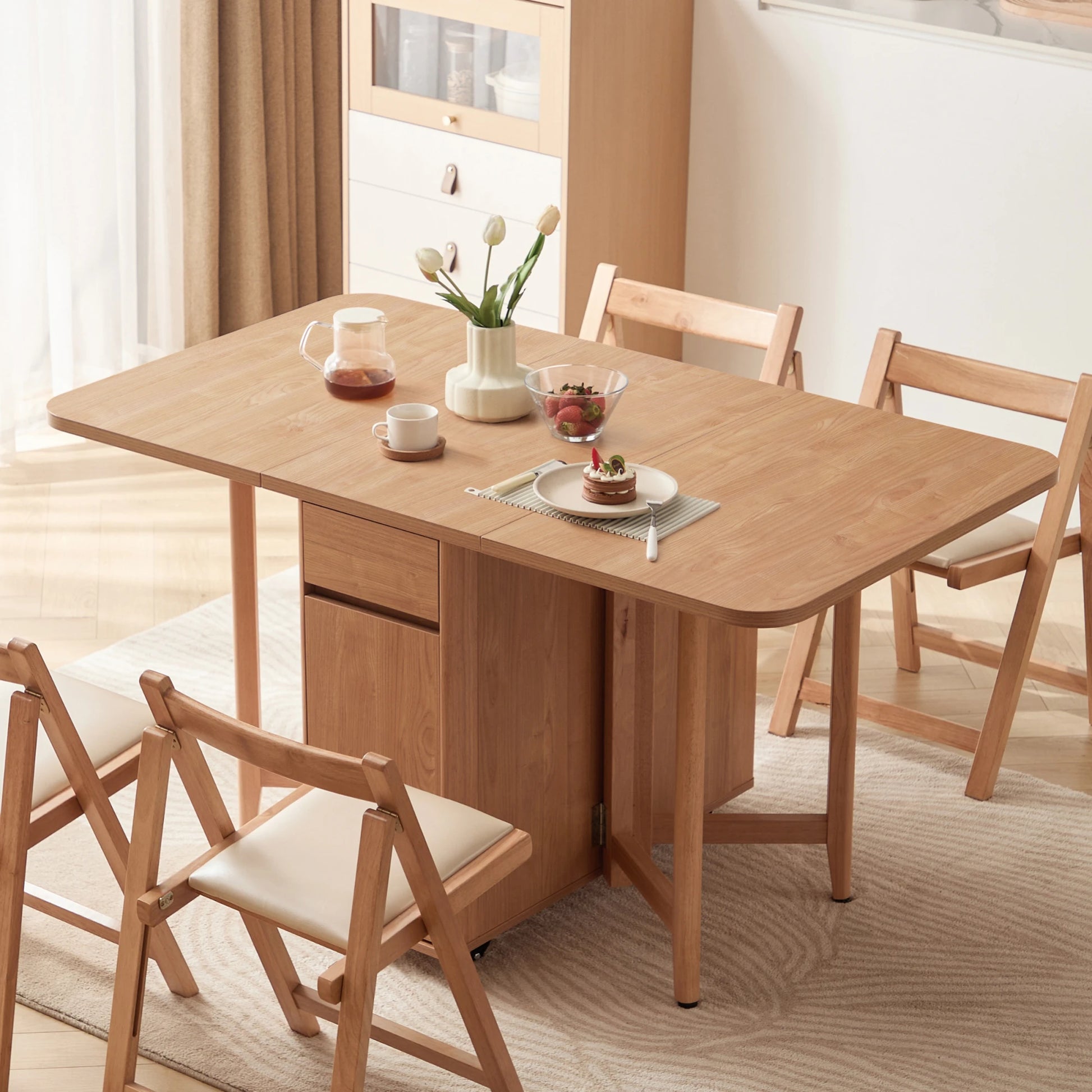 Linspire Yumi Foldable Dining Table & 4 Dining Chairs Set, Natural Wood