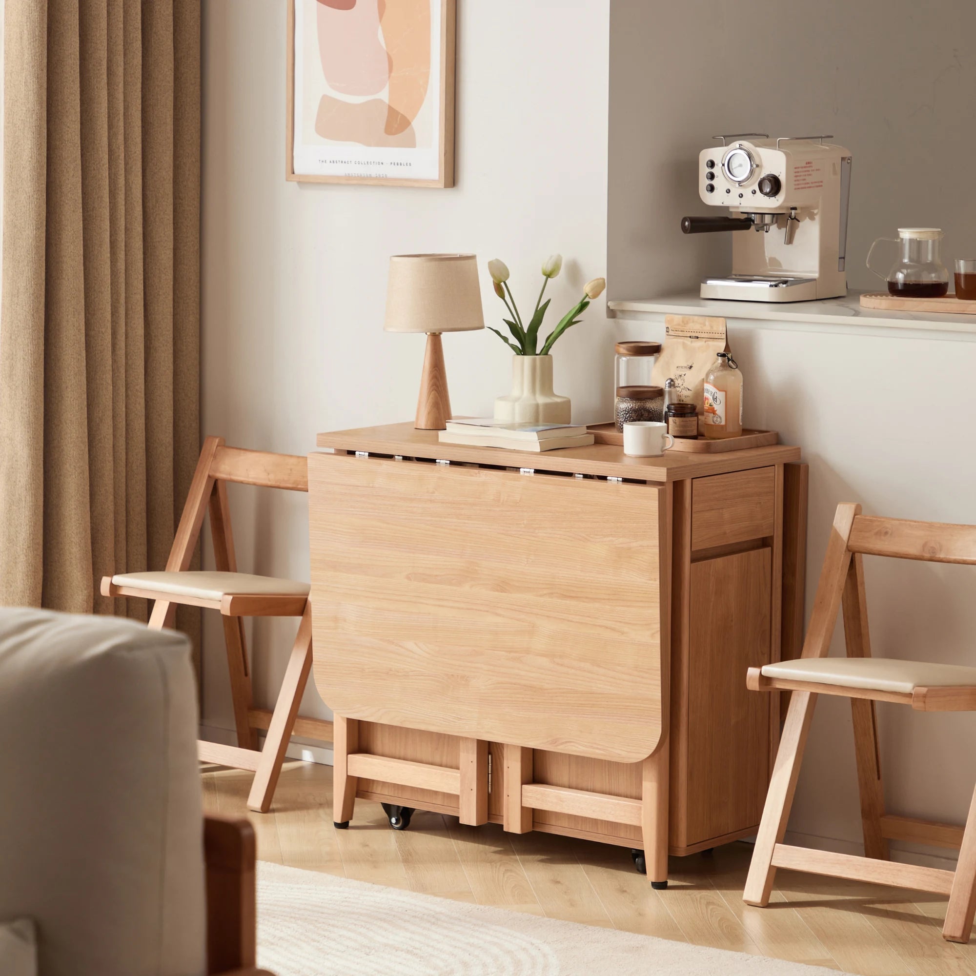 Linspire Yumi Foldable Dining Table & 4 Dining Chairs Set, Natural Wood