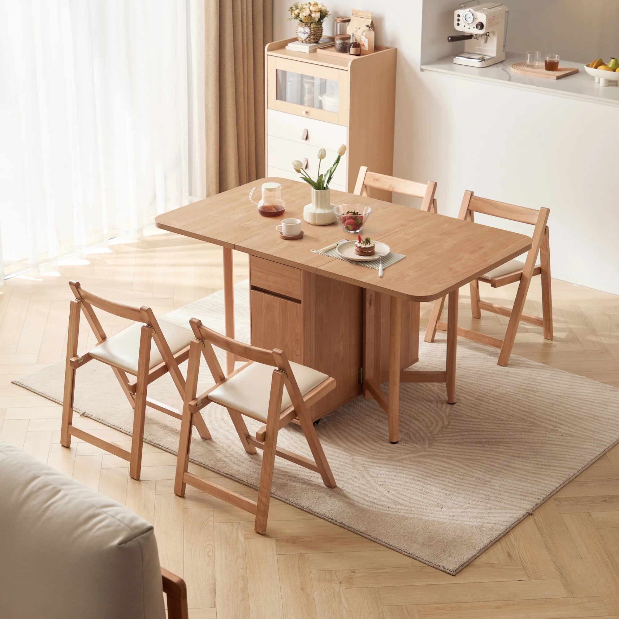Linspire Yumi Foldable Dining Table & 4 Dining Chairs Set, Natural Wood