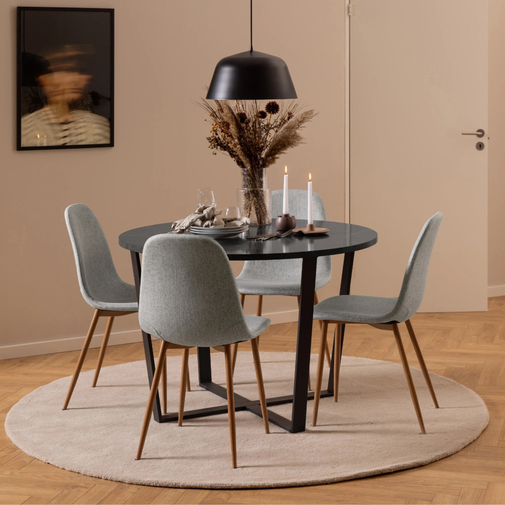 Hjem Design Celia Dining Chair, Light Grey & Natural Wood, Set of 4