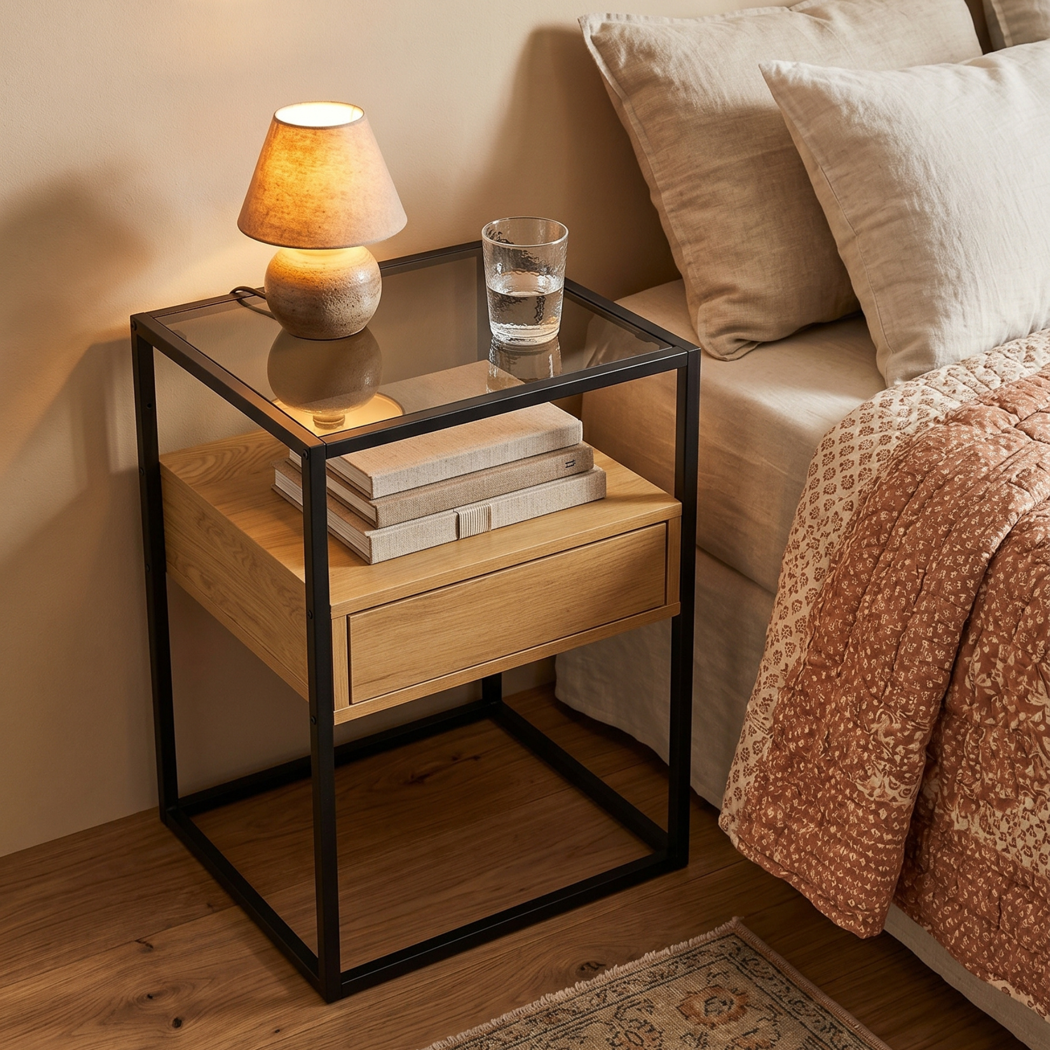 Hjem Design Randor Bedside Table, Black & Natural Wood