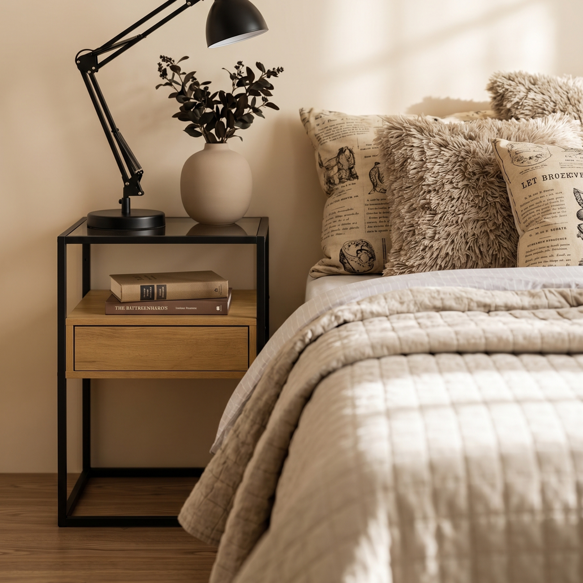 Hjem Design Randor Bedside Table, Black & Natural Wood