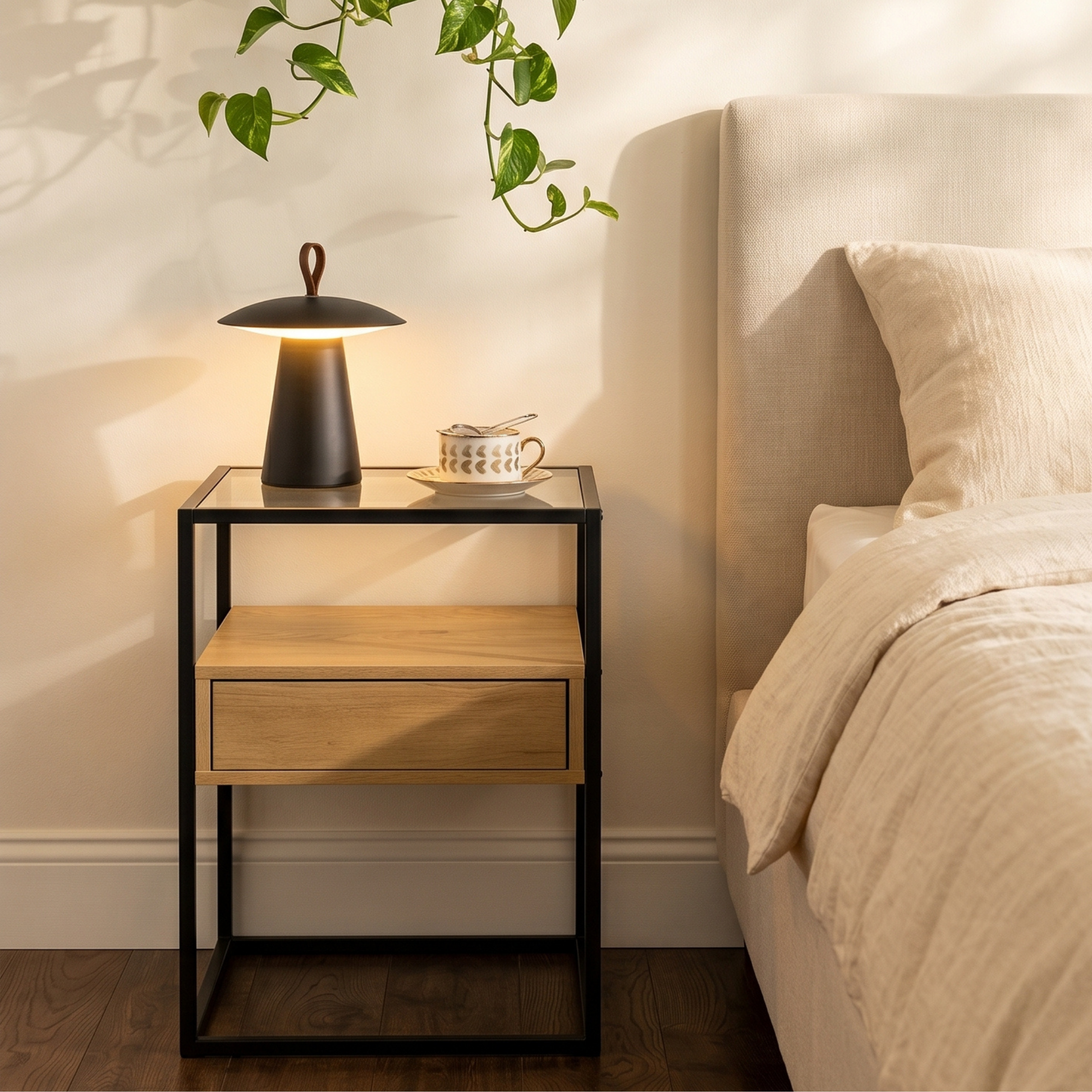 Hjem Design Randor Bedside Table, Black & Natural Wood