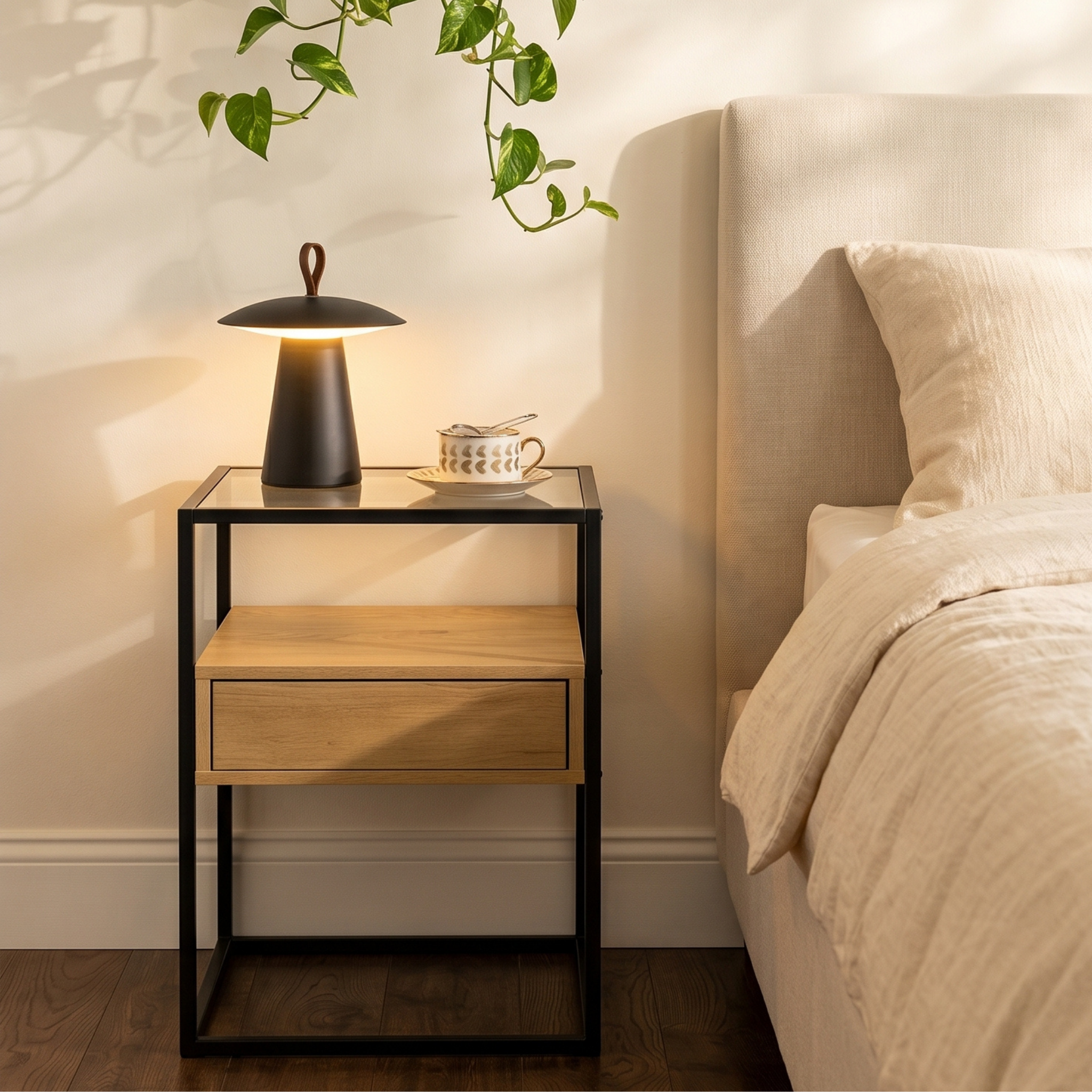 Hjem Design Randor Bedside Table, Black & Natural Wood