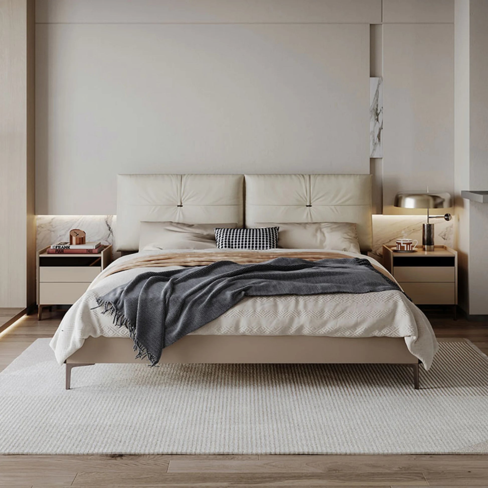 Linspire Vanko Leathaire Global Queen Bed Frame & Bedside Table Set