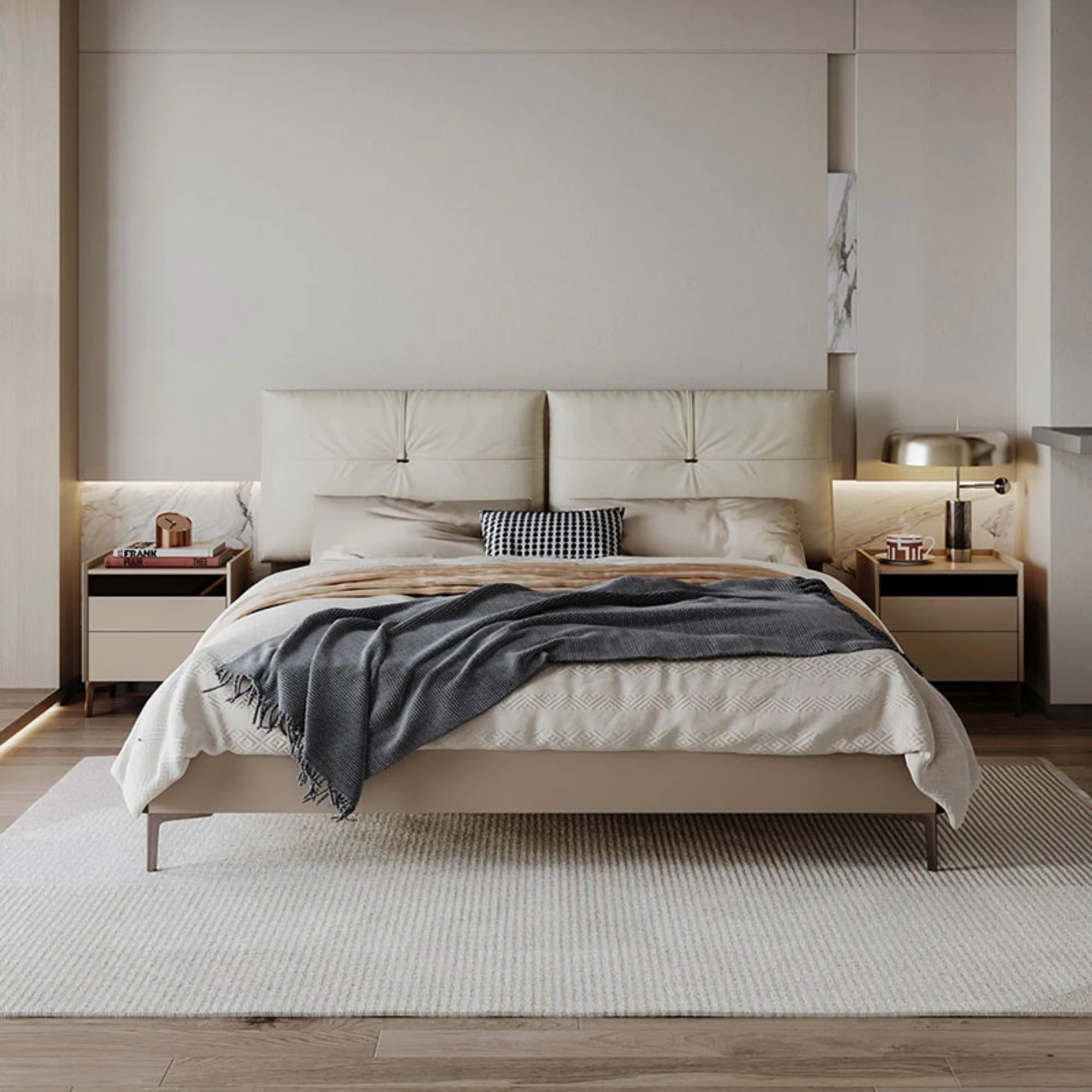 Linspire Vanko Leathaire Global Queen Bed Frame & Bedside Table Set