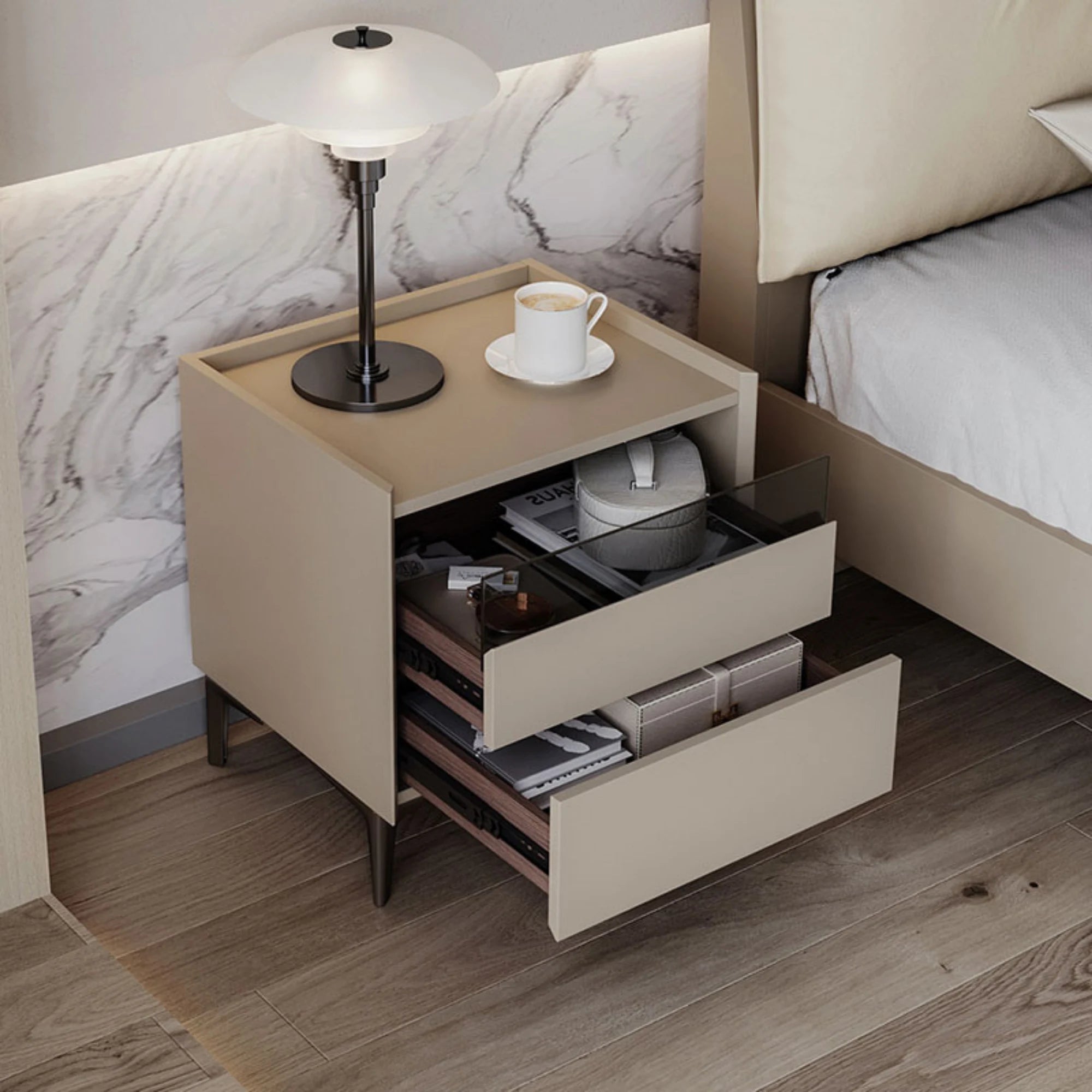 Linspire Vanko Leathaire Global Queen Bed Frame & Bedside Table Set