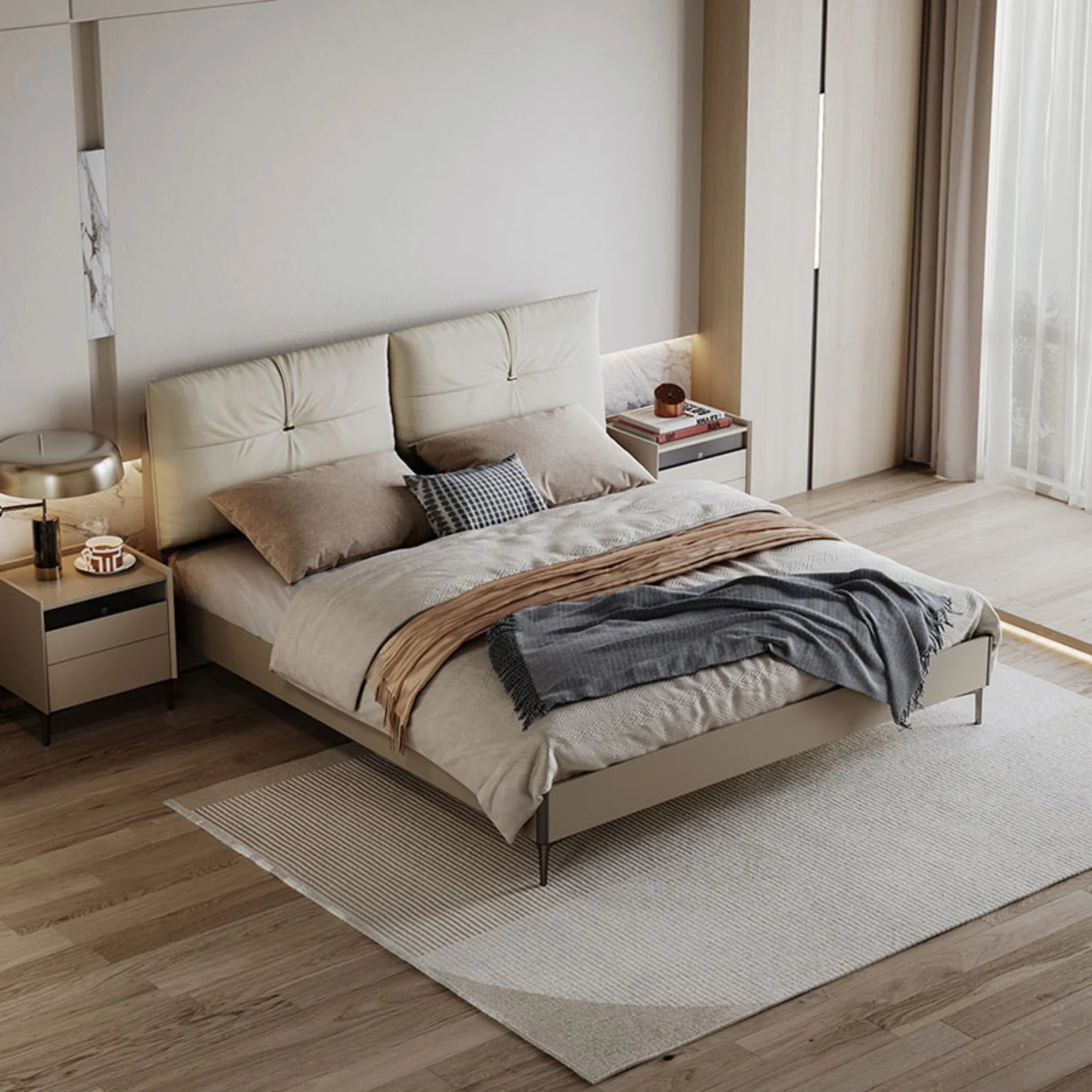 Linspire Vanko Leathaire Global Queen Bed Frame & Bedside Table Set