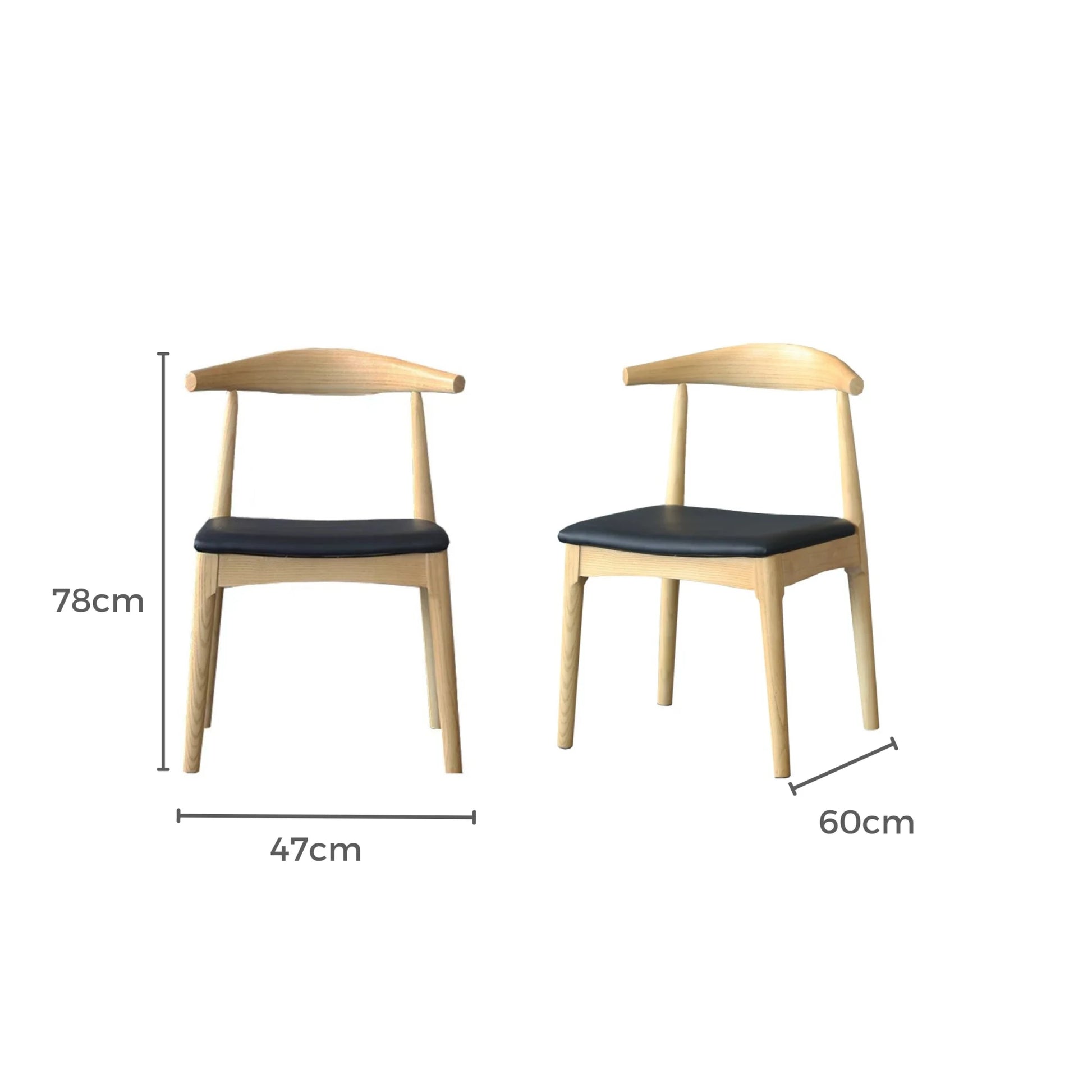 MODE Hans Wegner Elbow Dining Chair CH20 Replica, Natural Wood & Black, Set of 2