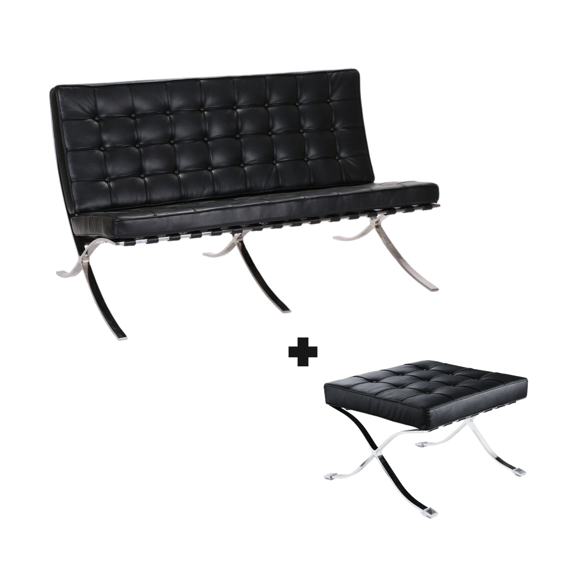 MODE Mies Van Der Rohe Barcelona Chair with Ottoman Replica, 2-Seater