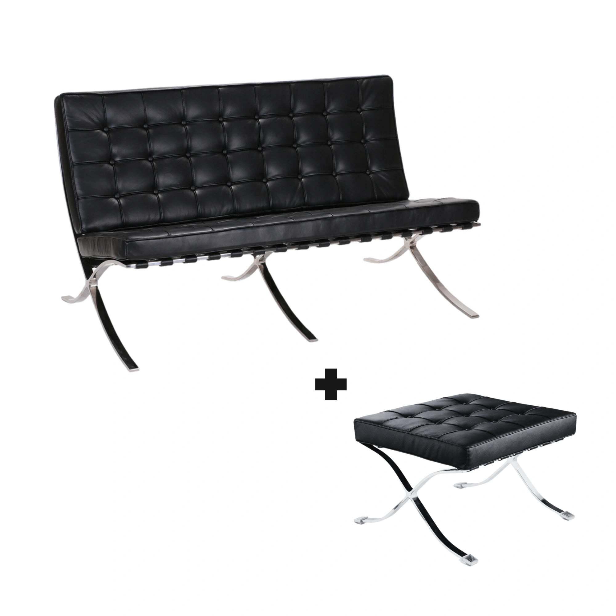 MODE Mies Van Der Rohe Barcelona Chair with Ottoman Replica, 2-Seater