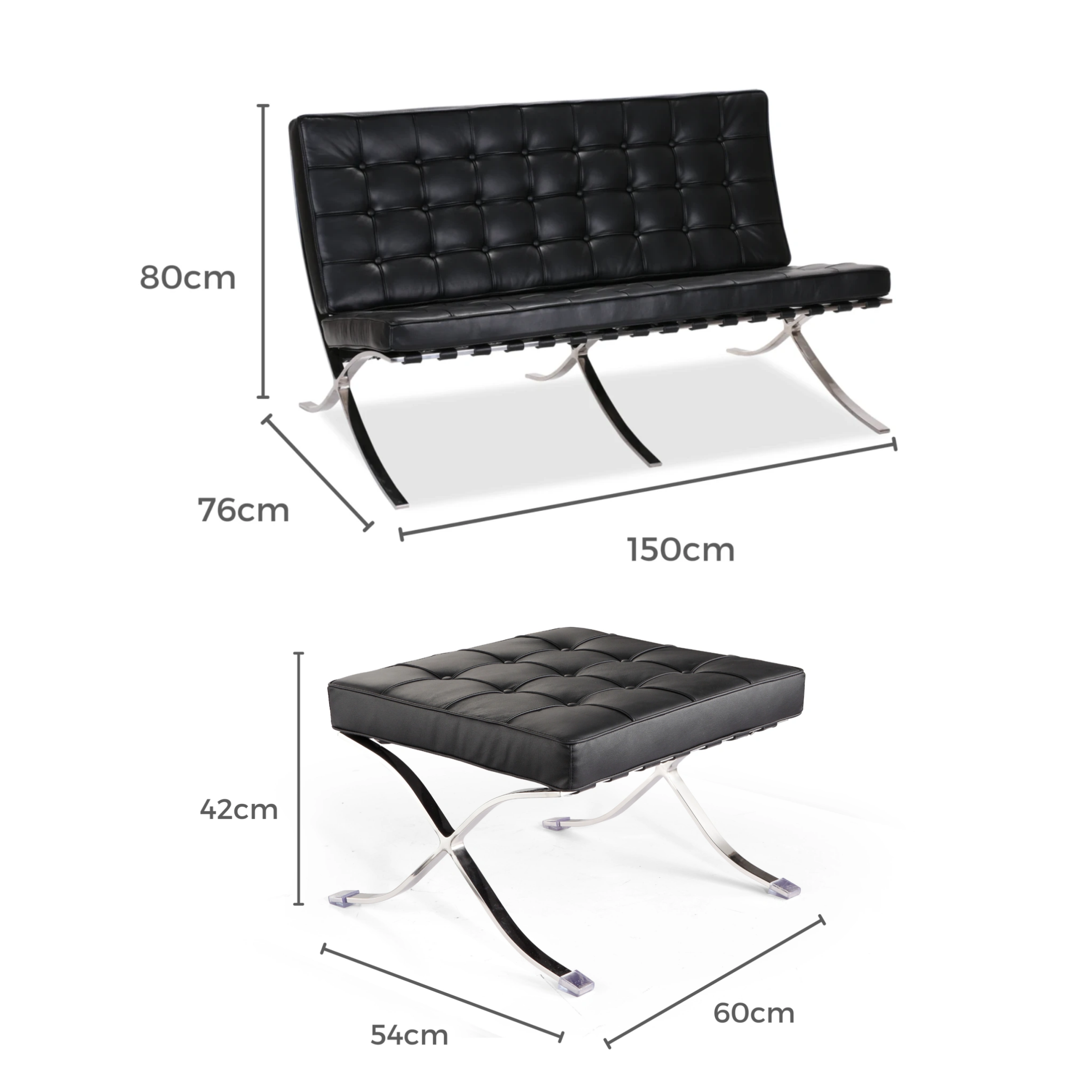 MODE Mies Van Der Rohe Barcelona Chair with Ottoman Replica, 2-Seater