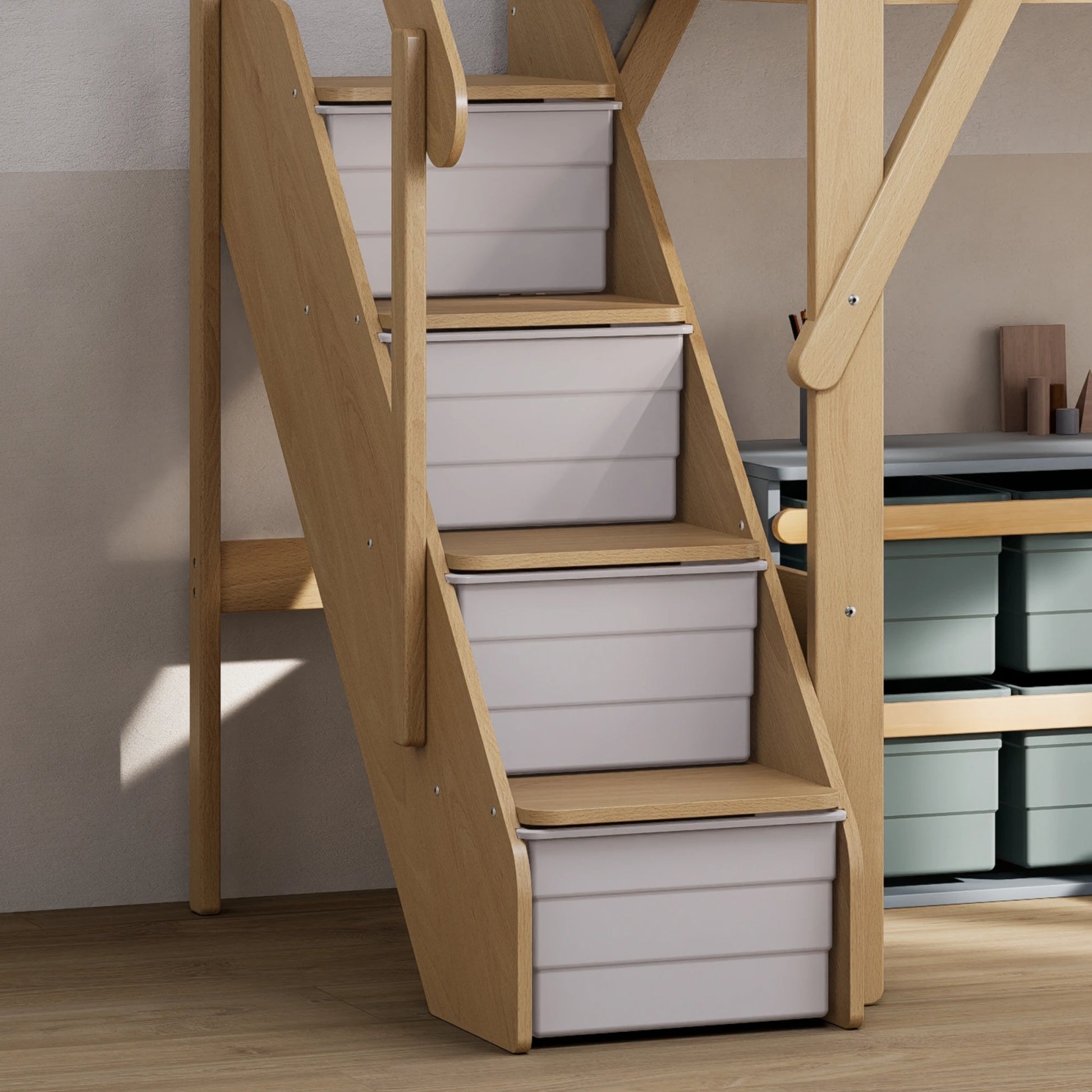 Boori Treehouse Kids NZ King Single Loft Bed + Storage Staircase, Beech