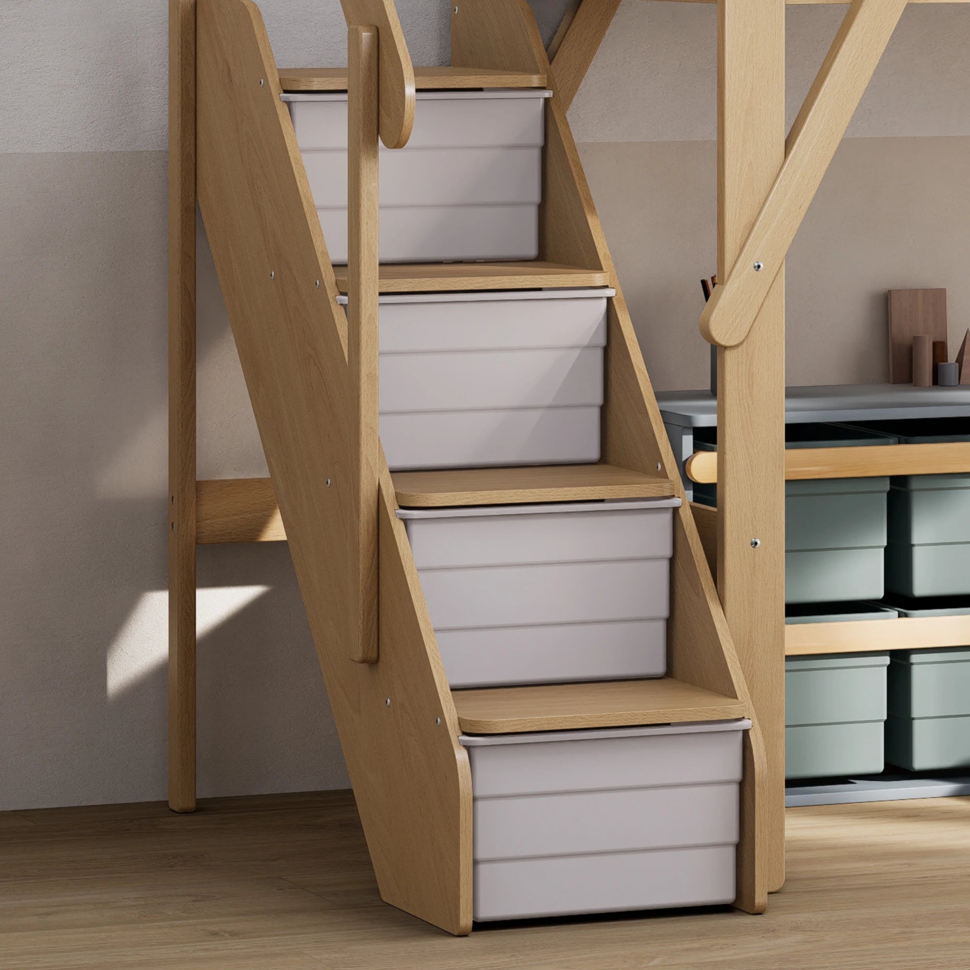 Boori Treehouse Kids NZ King Single Loft Bed + Storage Staircase, Beech