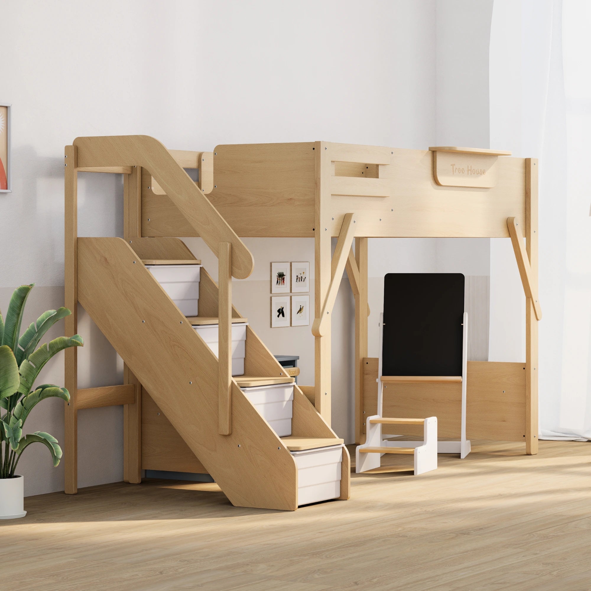 Boori Treehouse Kids NZ King Single Loft Bed + Storage Staircase, Beech
